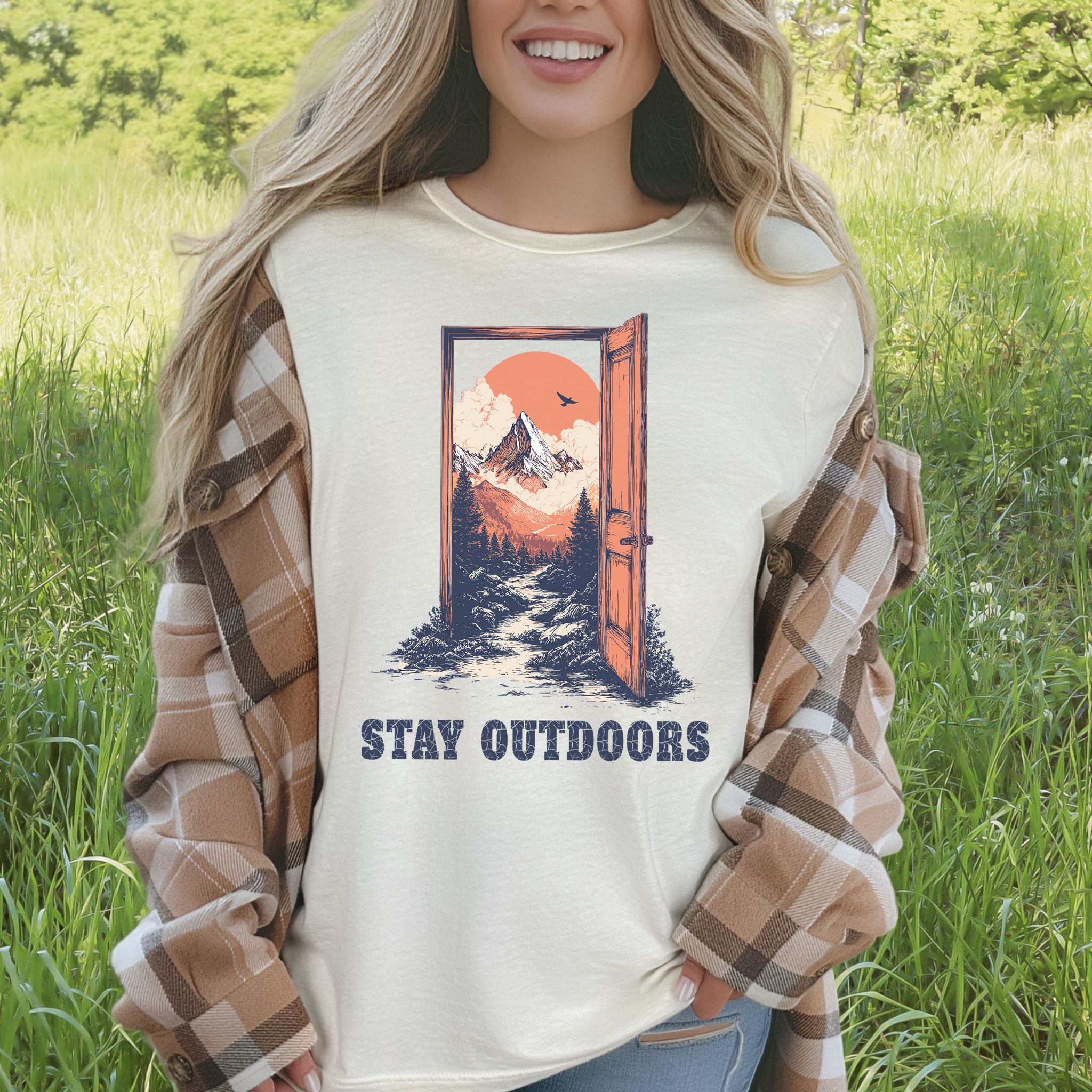 Stay Outdoors Vintage Mountain Doorway Adventure T-Shirt