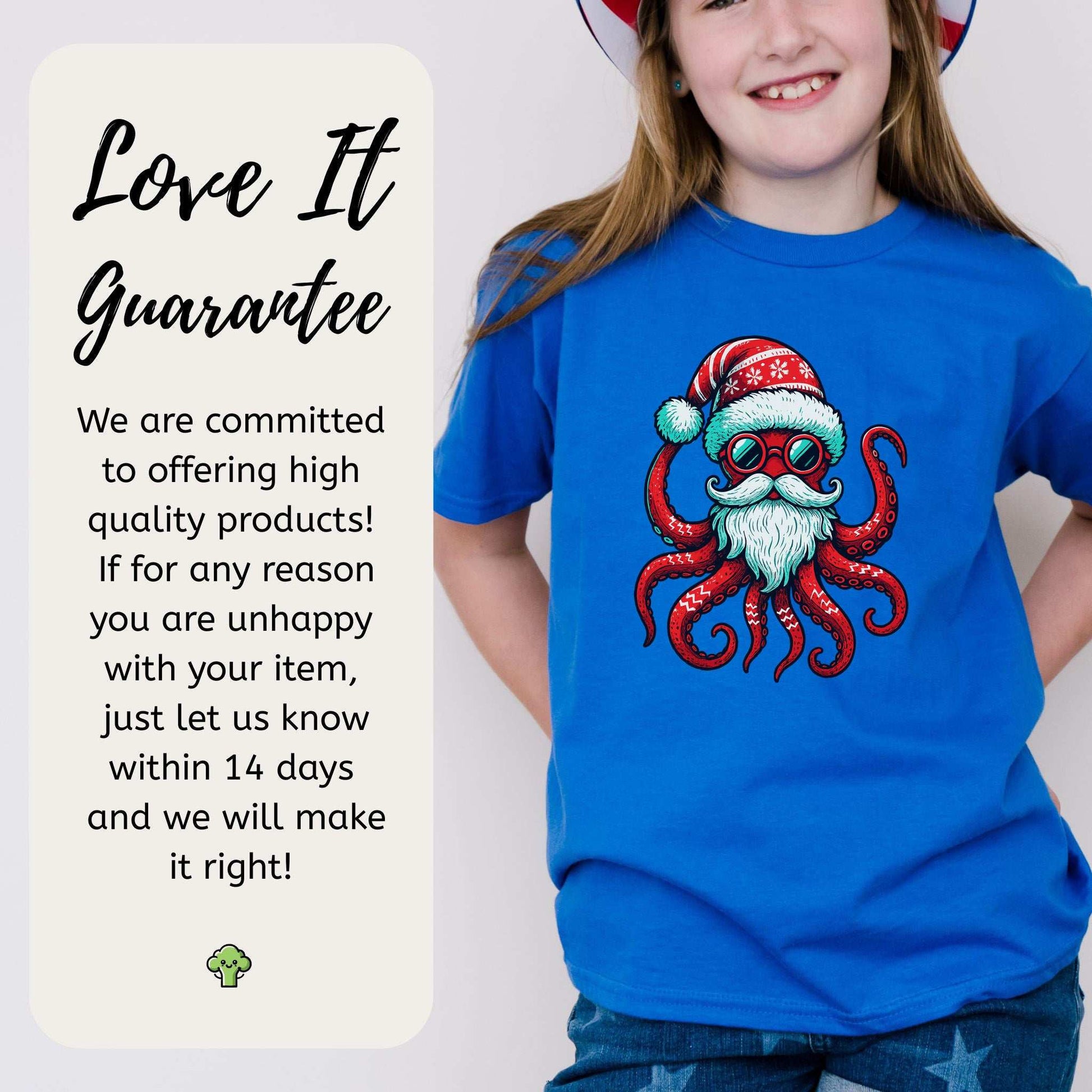 Santa Kraken Kids T-Shirt – Funny Octopus Christmas Sea Life Tee, Youth Tee