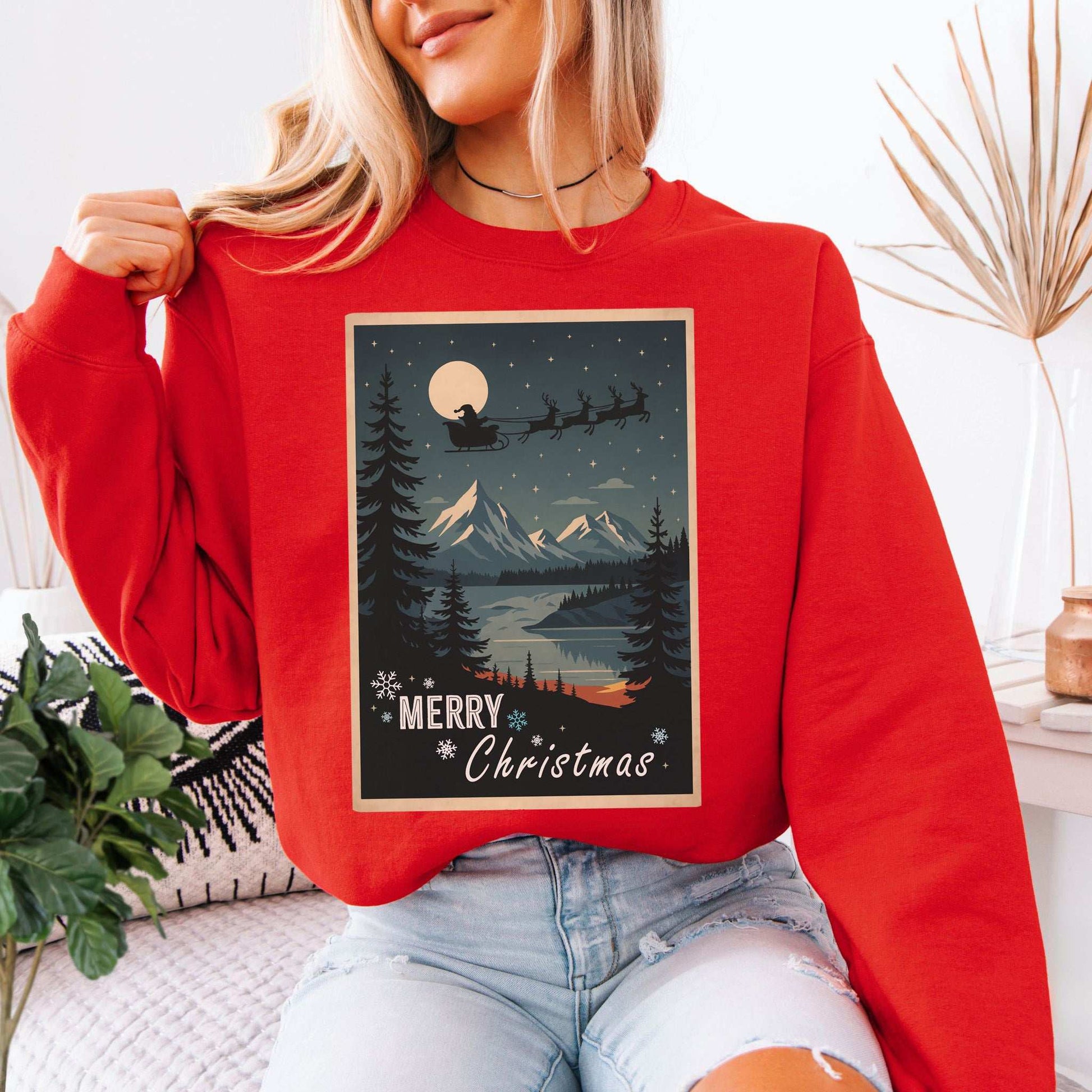 Santa's Sleigh Christmas Sweatshirt – Moonlit Mountains & Retro Holiday Magic