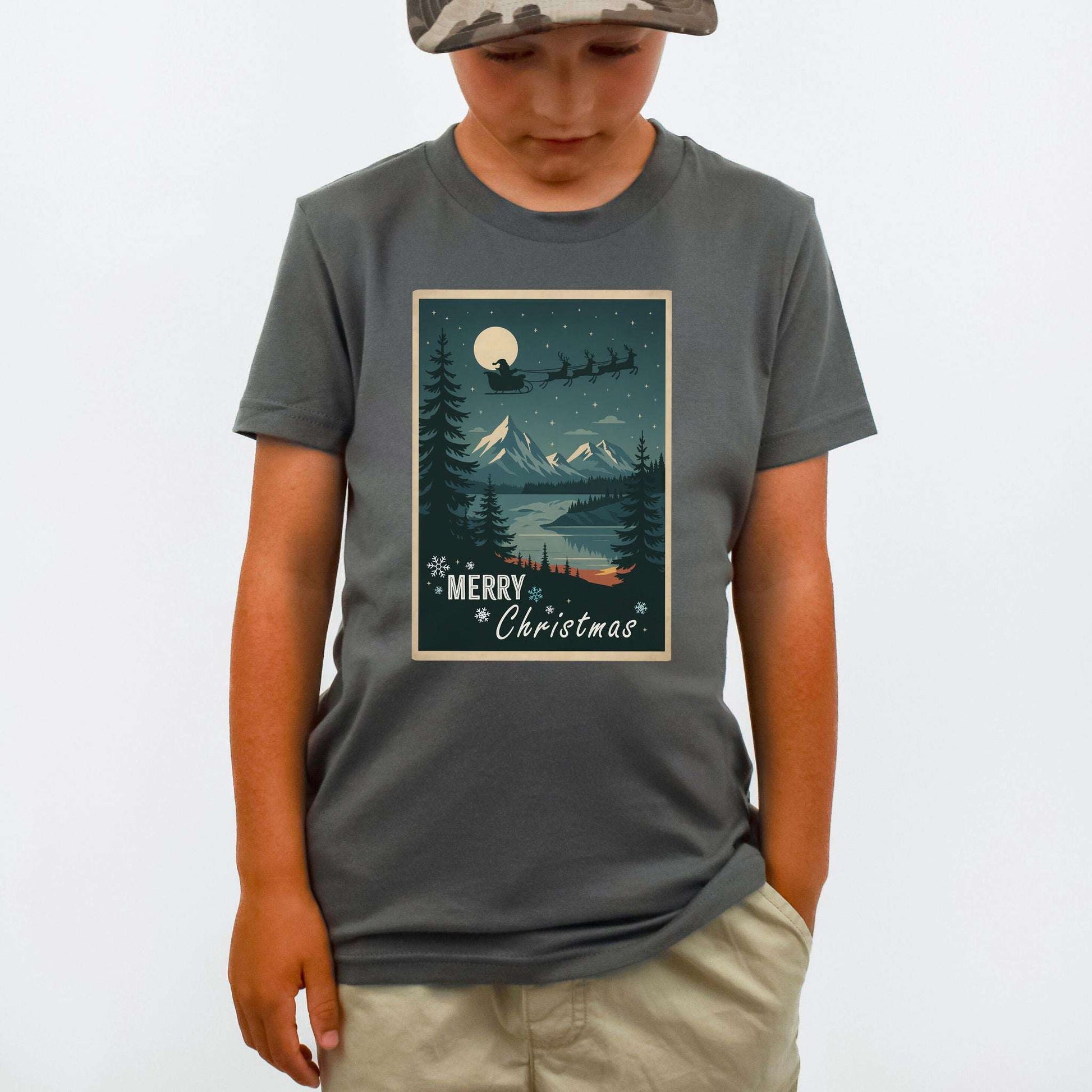 Santa’s Sleigh Youth T-Shirt – Moonlit Mountains & Magic Snowflakes