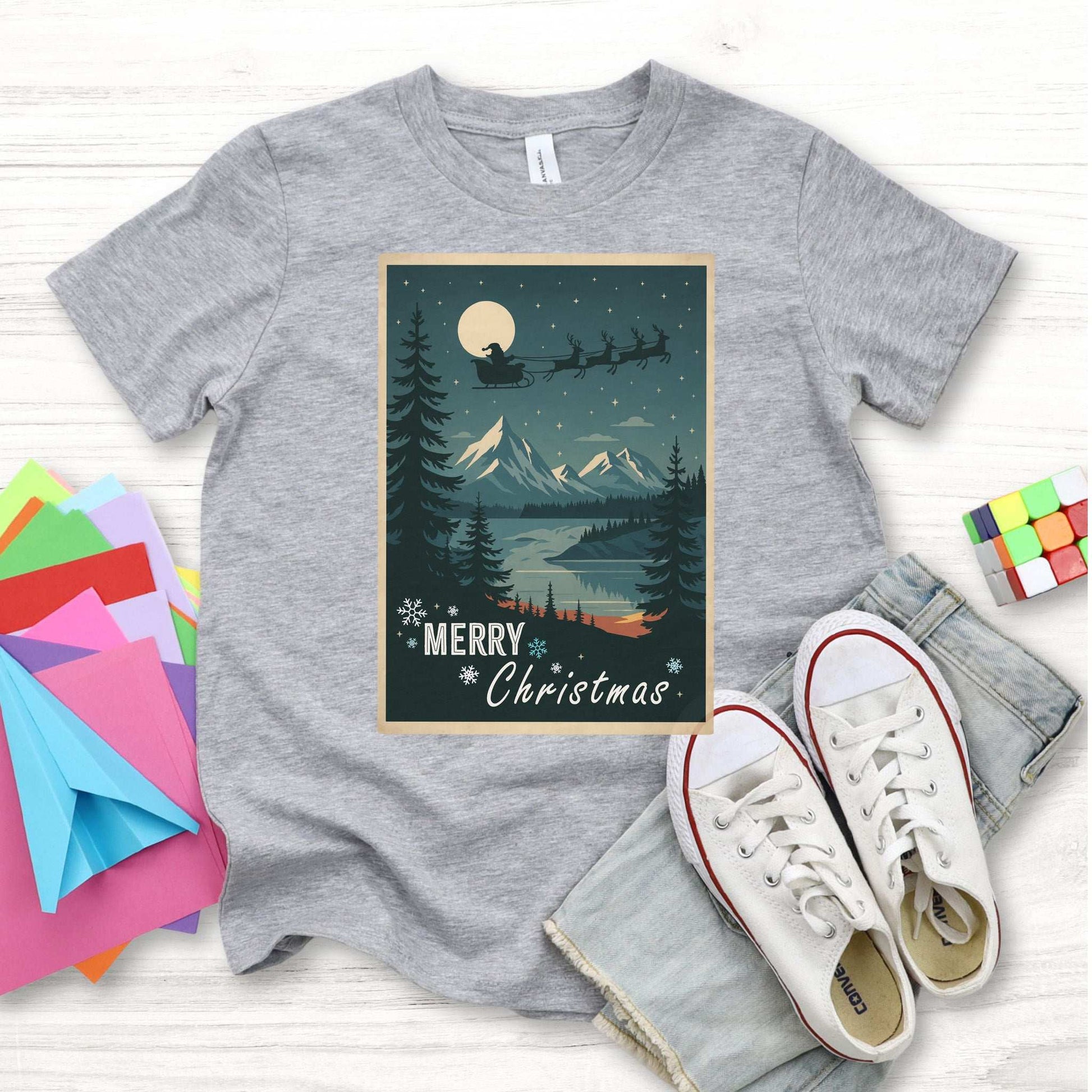 Santa’s Sleigh Youth T-Shirt – Moonlit Mountains & Magic Snowflakes