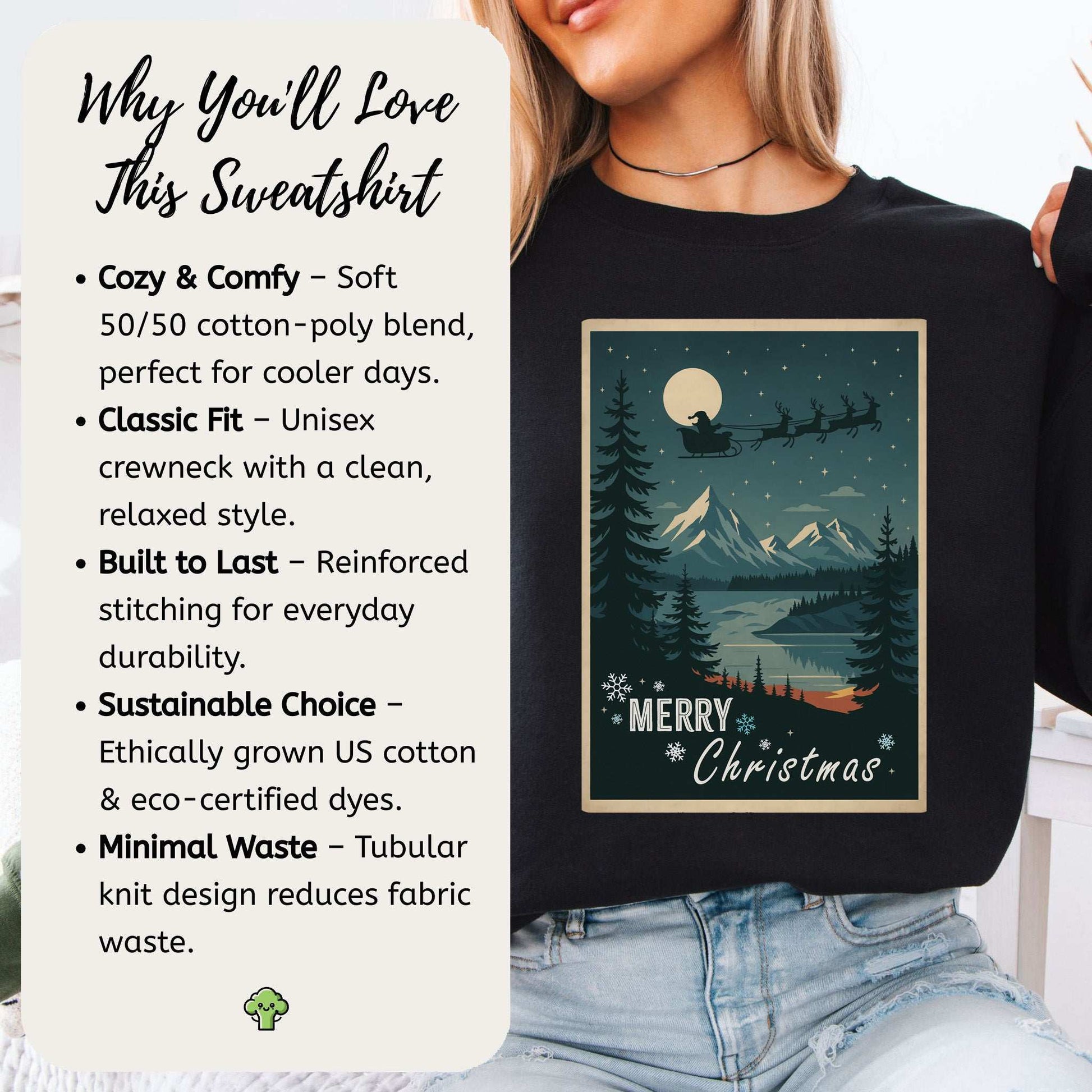 Santa's Sleigh Christmas Sweatshirt – Moonlit Mountains & Retro Holiday Magic