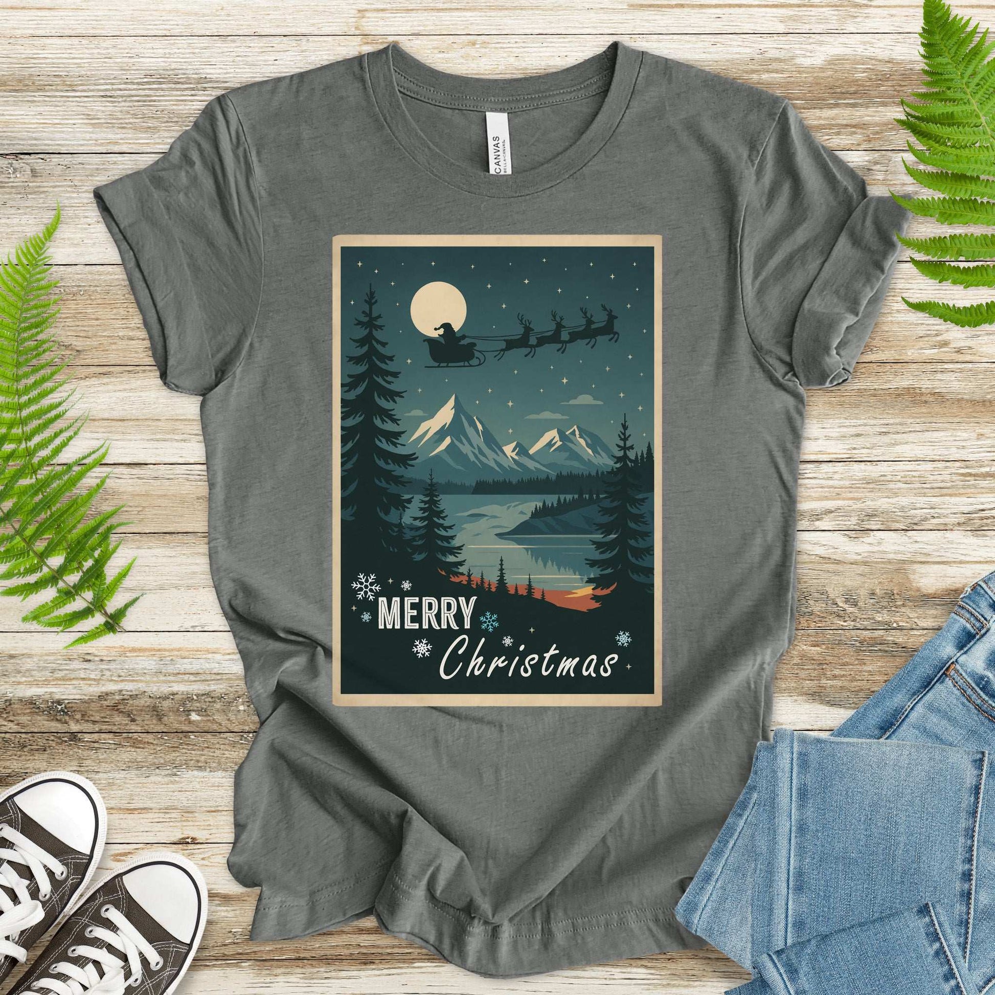 Santa’s Sleigh Christmas T-Shirt – Moonlit Mountains & Retro Holiday Magic