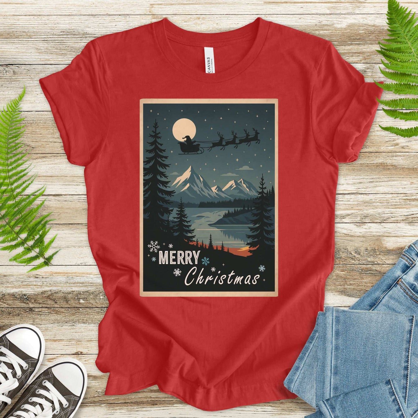 Santa’s Sleigh Christmas T-Shirt – Moonlit Mountains & Retro Holiday Magic