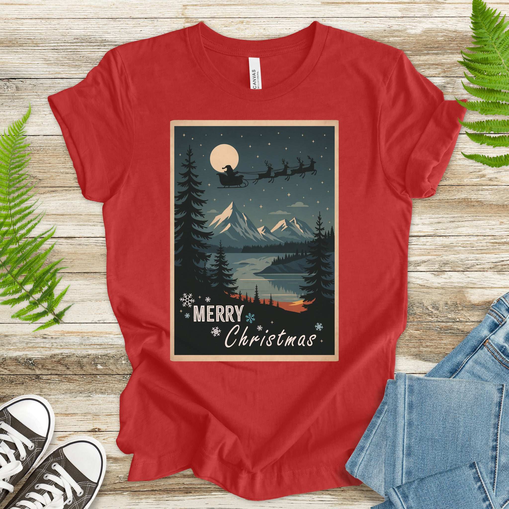 Santa’s Sleigh Christmas T-Shirt – Moonlit Mountains & Retro Holiday Magic