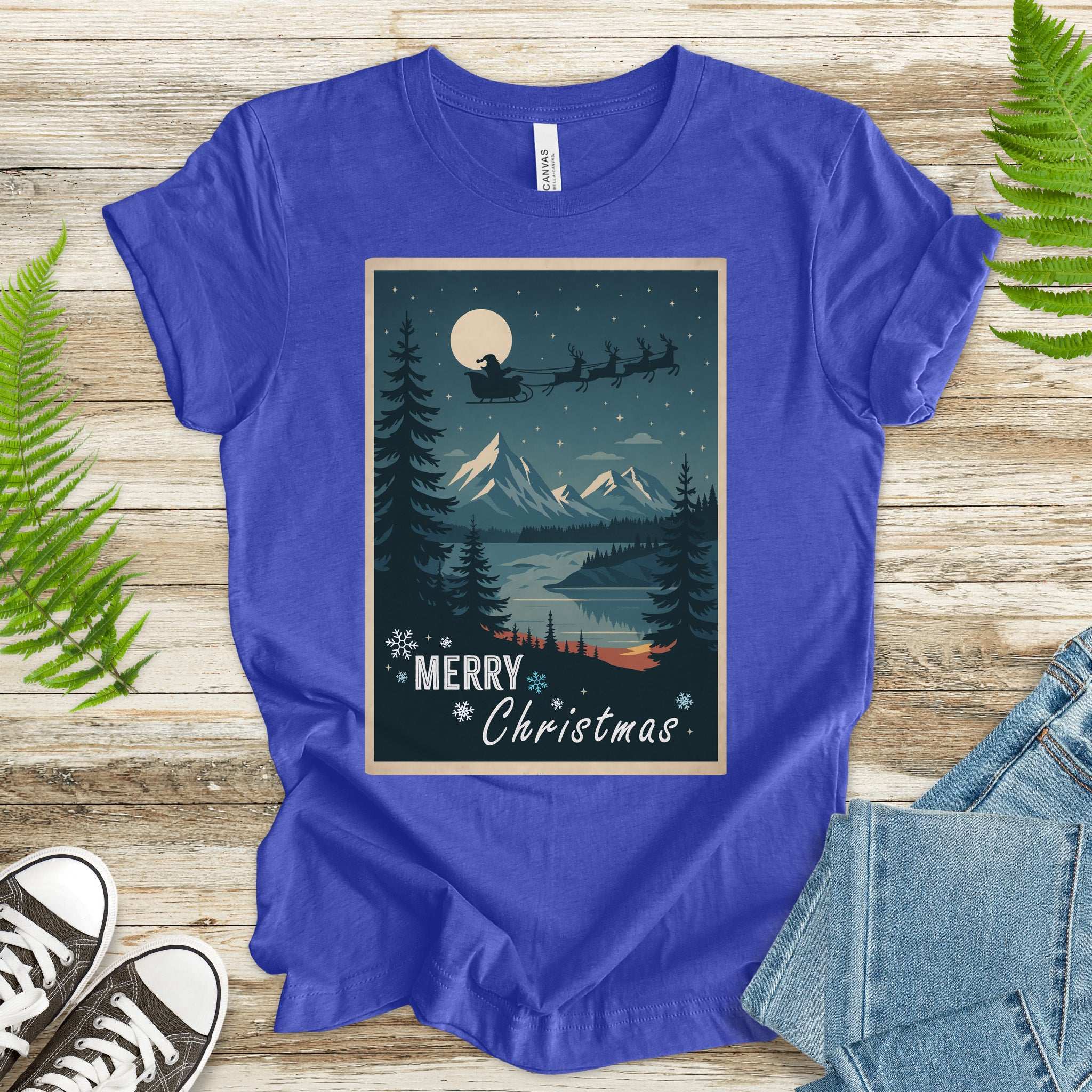 Santa’s Sleigh Christmas T-Shirt – Moonlit Mountains & Retro Holiday Magic