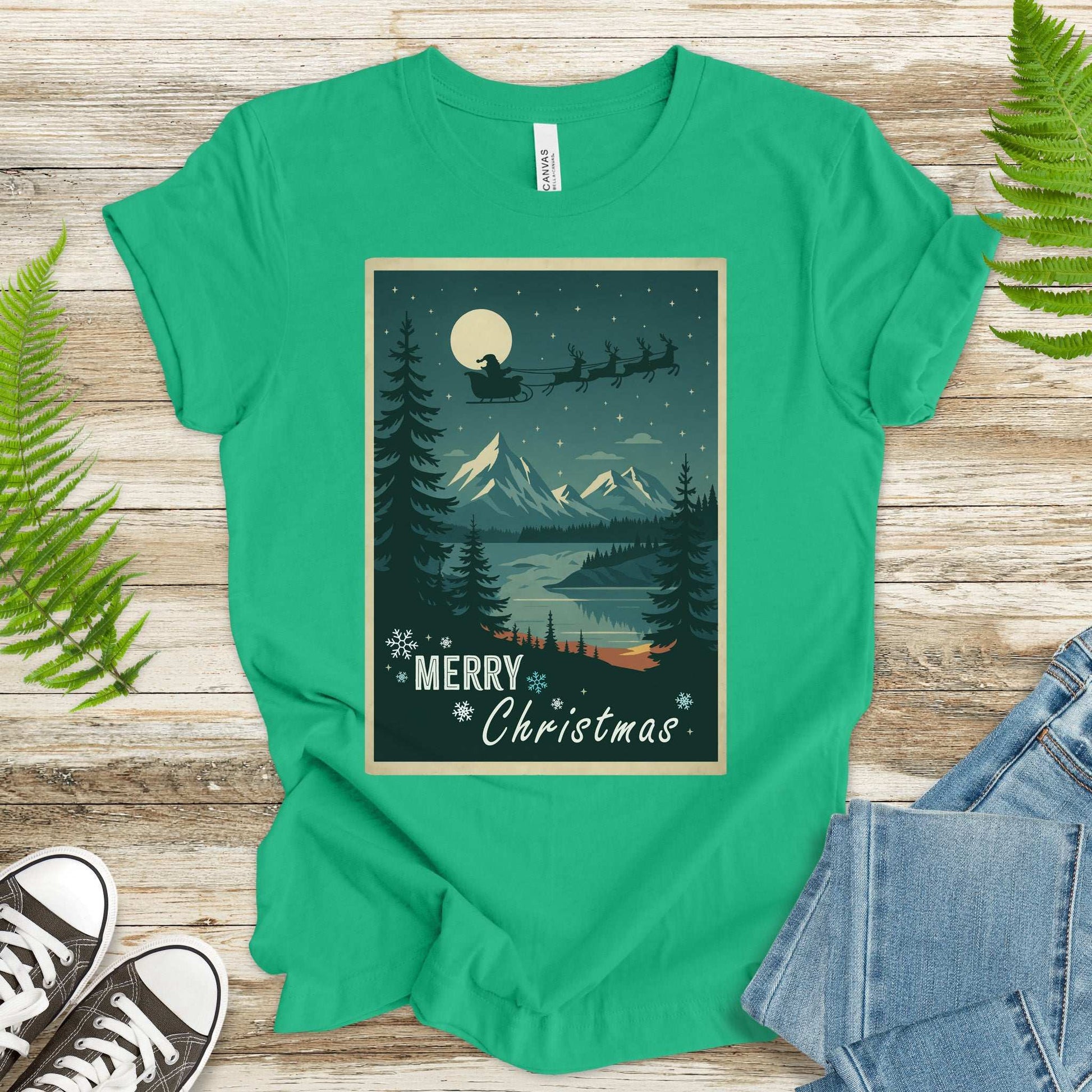 Santa’s Sleigh Christmas T-Shirt – Moonlit Mountains & Retro Holiday Magic