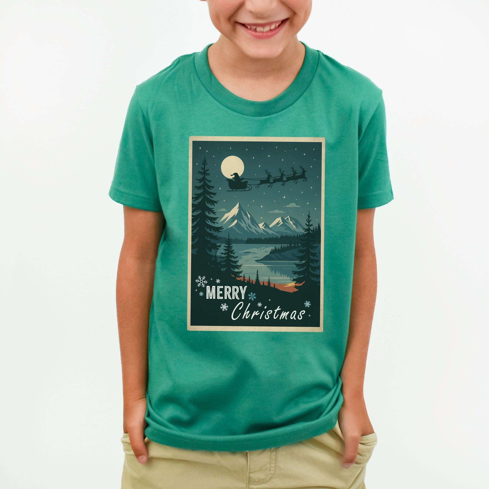 Santa’s Sleigh Youth T-Shirt – Moonlit Mountains & Magic Snowflakes
