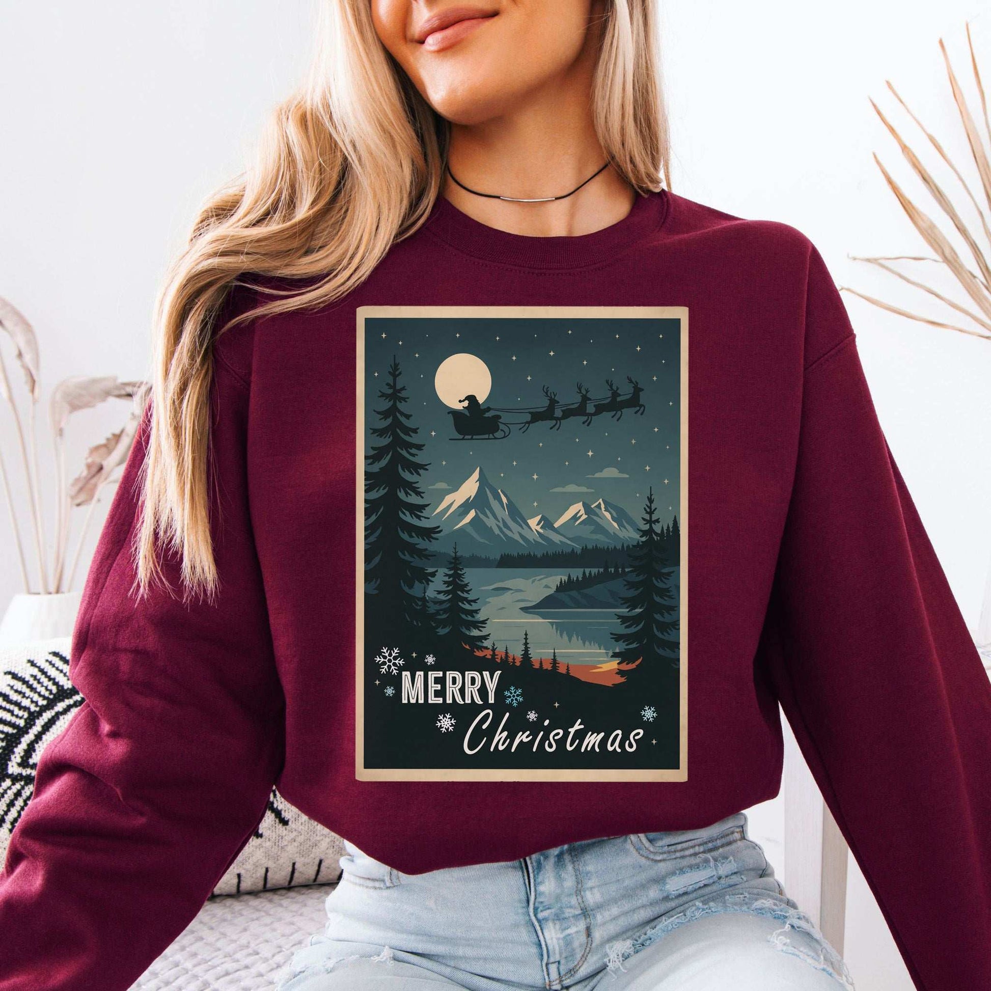 Santa's Sleigh Christmas Sweatshirt – Moonlit Mountains & Retro Holiday Magic