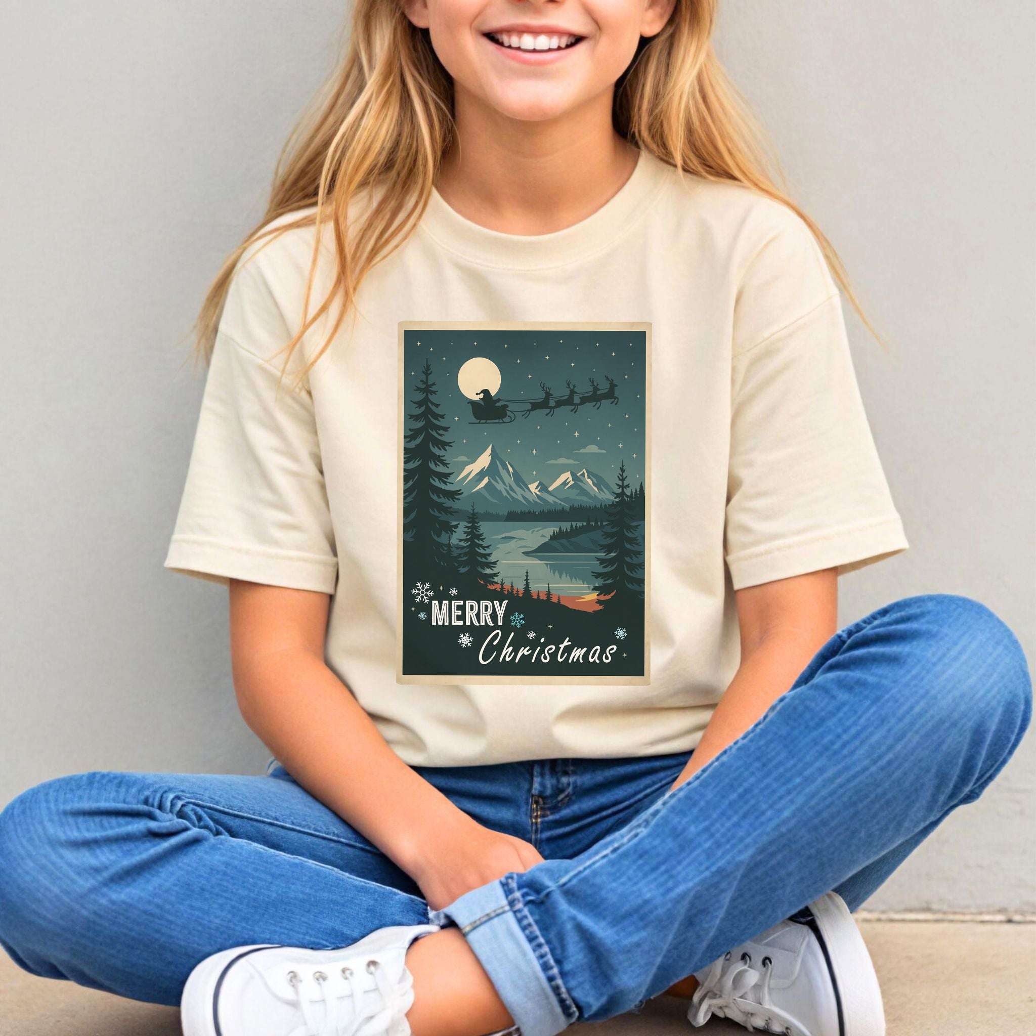 Santa’s Sleigh Youth T-Shirt – Moonlit Mountains & Magic Snowflakes