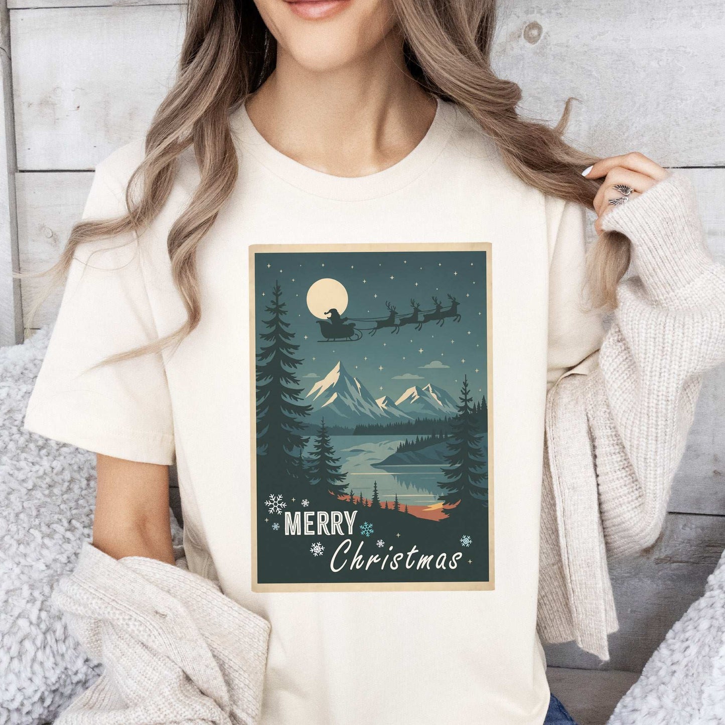Santa’s Sleigh Christmas T-Shirt – Moonlit Mountains & Retro Holiday Magic
