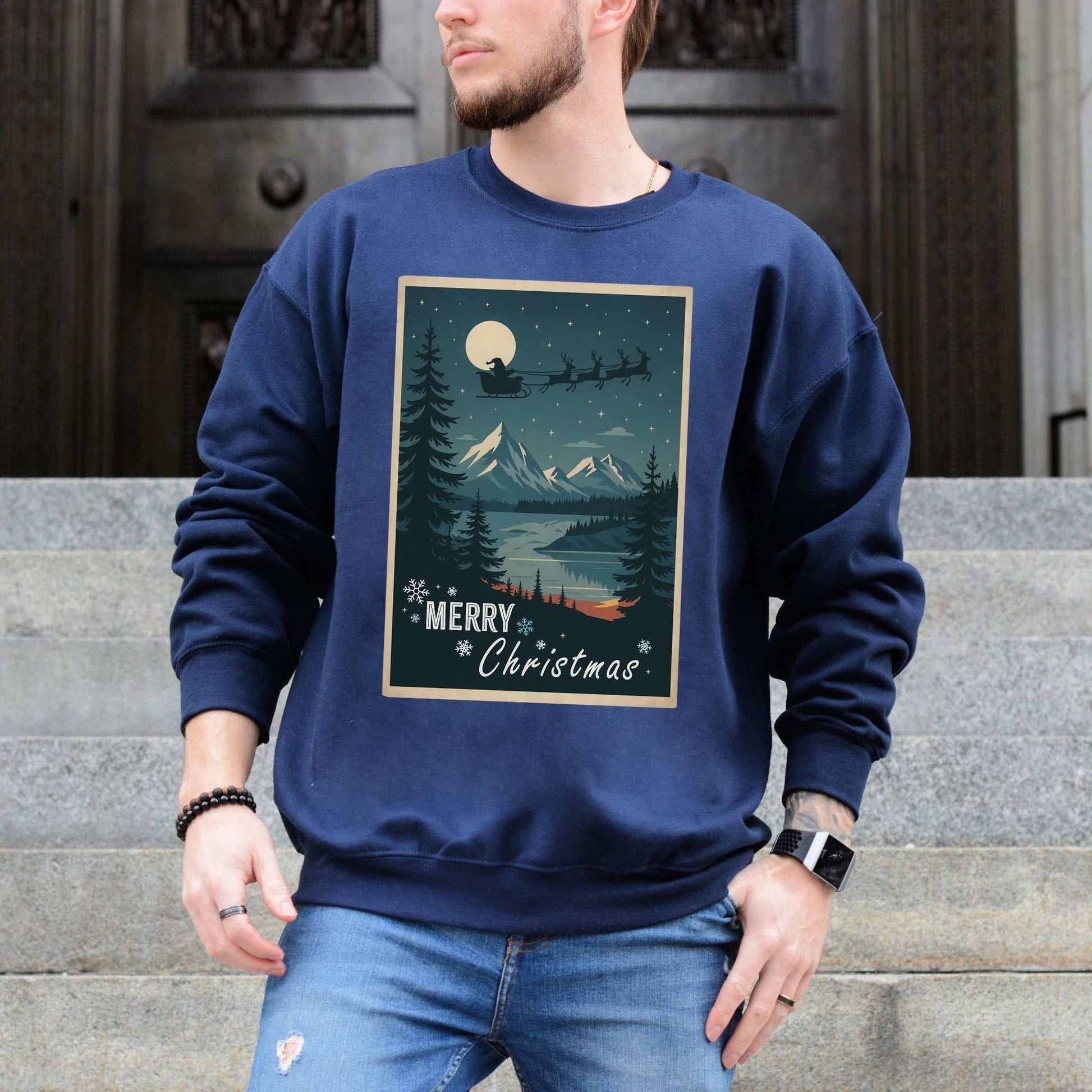 Santa's Sleigh Christmas Sweatshirt – Moonlit Mountains & Retro Holiday Magic