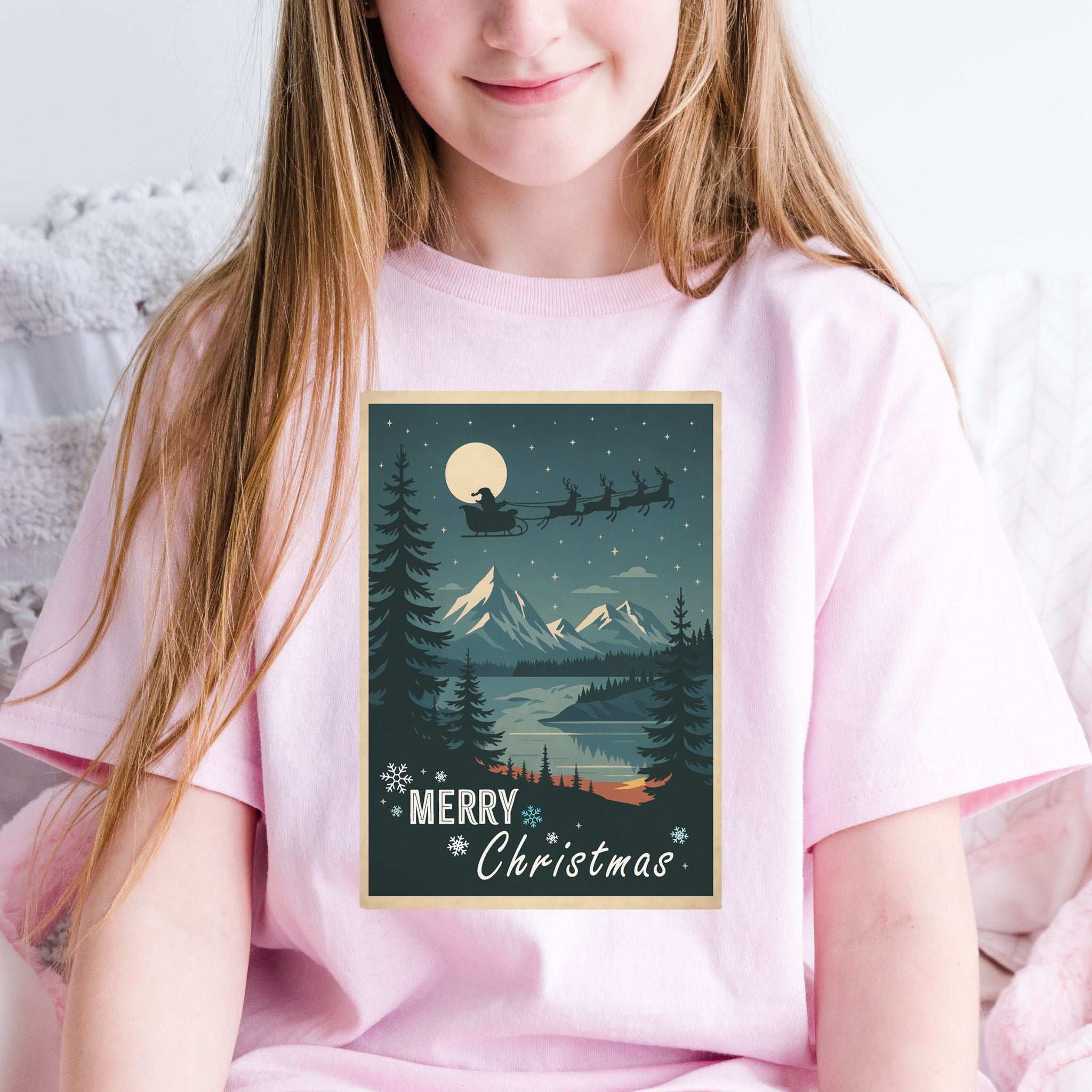 Santa’s Sleigh Youth T-Shirt – Moonlit Mountains & Magic Snowflakes