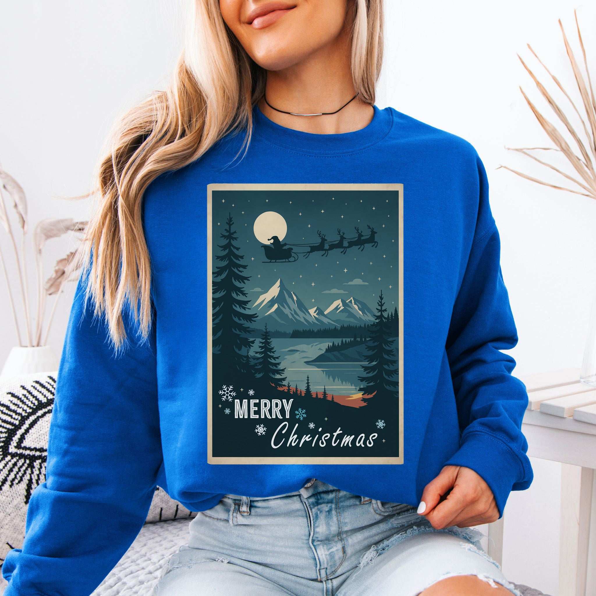 Santa's Sleigh Christmas Sweatshirt – Moonlit Mountains & Retro Holiday Magic
