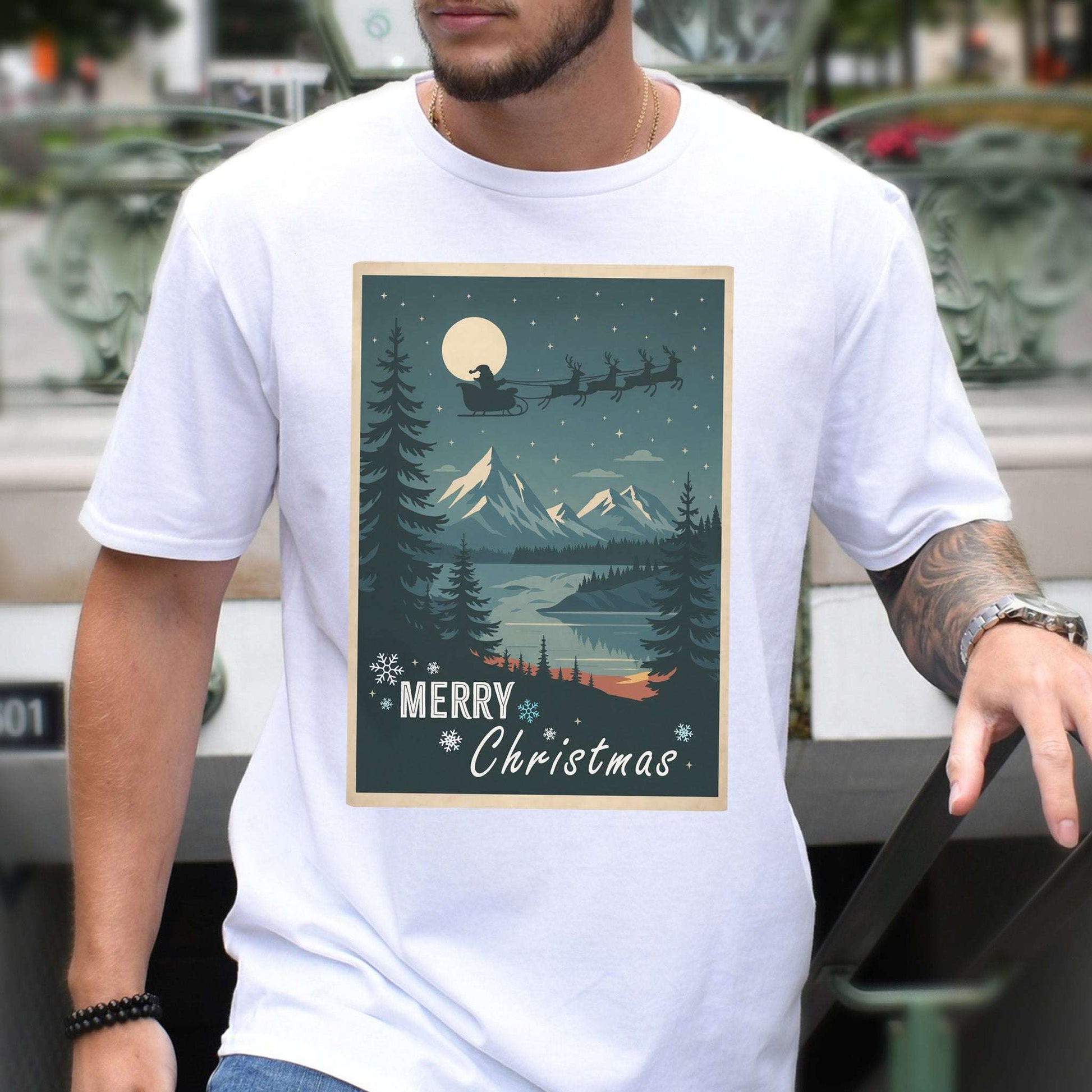 Santa’s Sleigh Christmas T-Shirt – Moonlit Mountains & Retro Holiday Magic