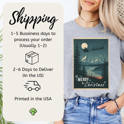 Santa’s Sleigh Christmas T-Shirt – Moonlit Mountains & Retro Holiday Magic
