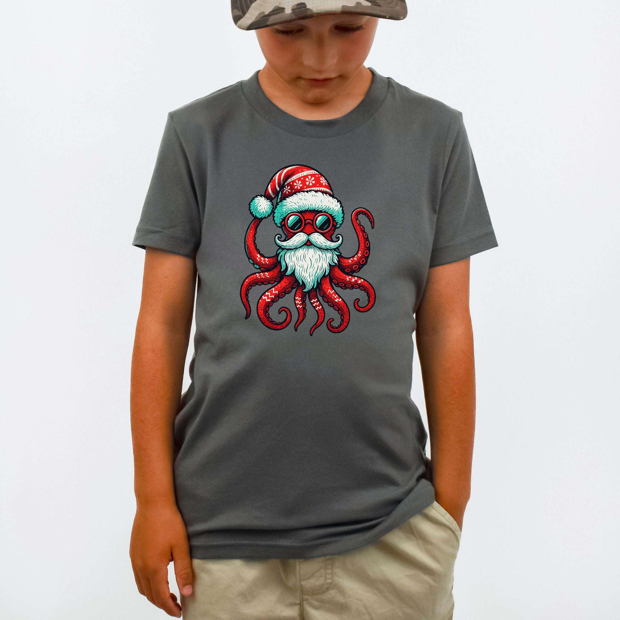 Santa Kraken Kids T-Shirt – Funny Octopus Christmas Sea Life Tee, Youth Tee