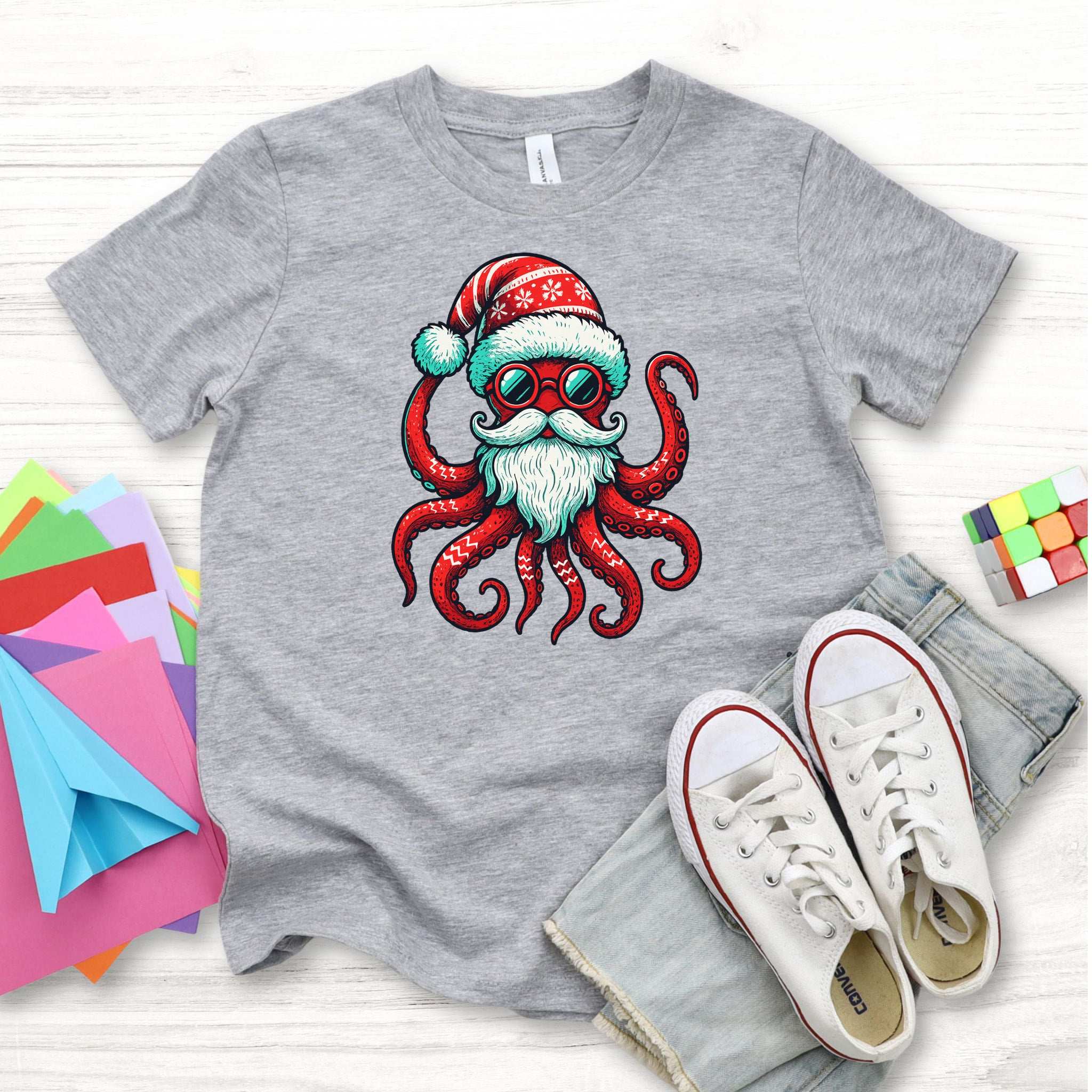 Santa Kraken Kids T-Shirt – Funny Octopus Christmas Sea Life Tee, Youth Tee