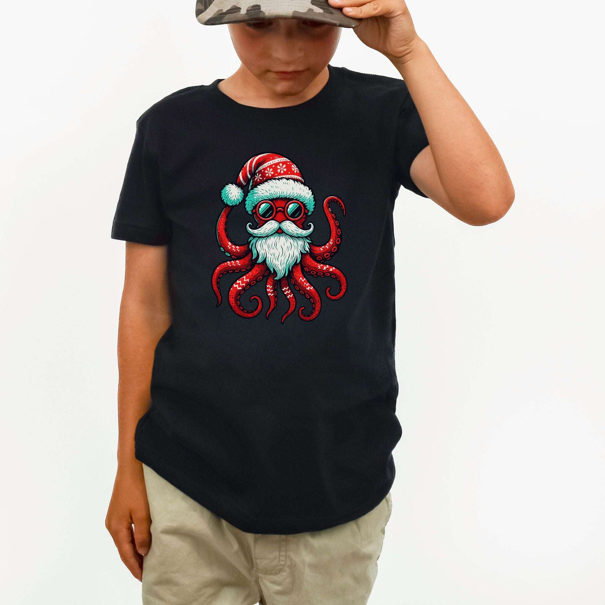 Santa Kraken Kids T-Shirt – Funny Octopus Christmas Sea Life Tee, Youth Tee