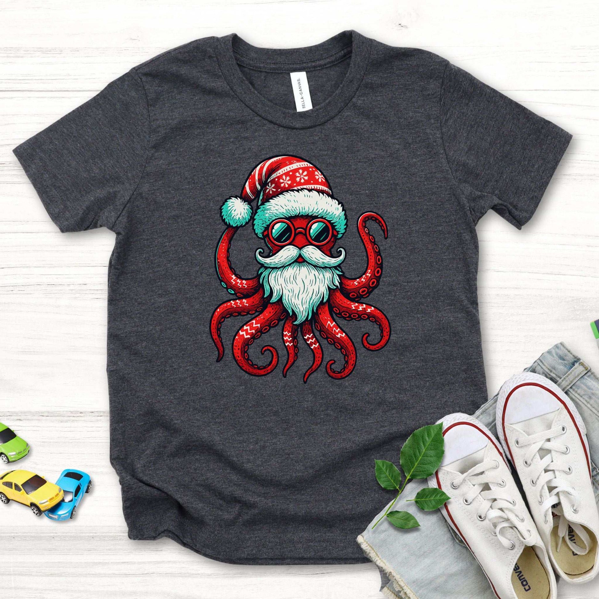 Santa Kraken Kids T-Shirt – Funny Octopus Christmas Sea Life Tee, Youth Tee