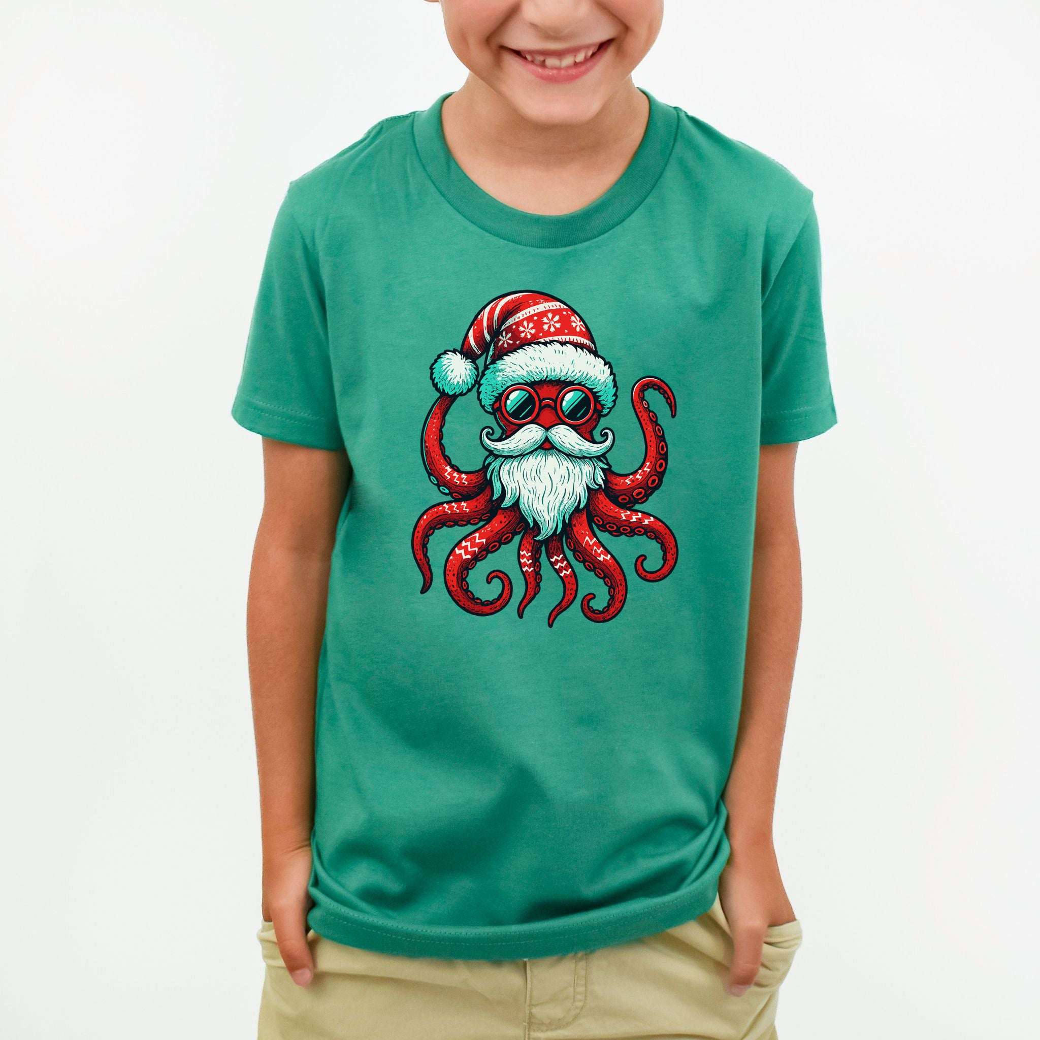 Santa Kraken Kids T-Shirt – Funny Octopus Christmas Sea Life Tee, Youth Tee