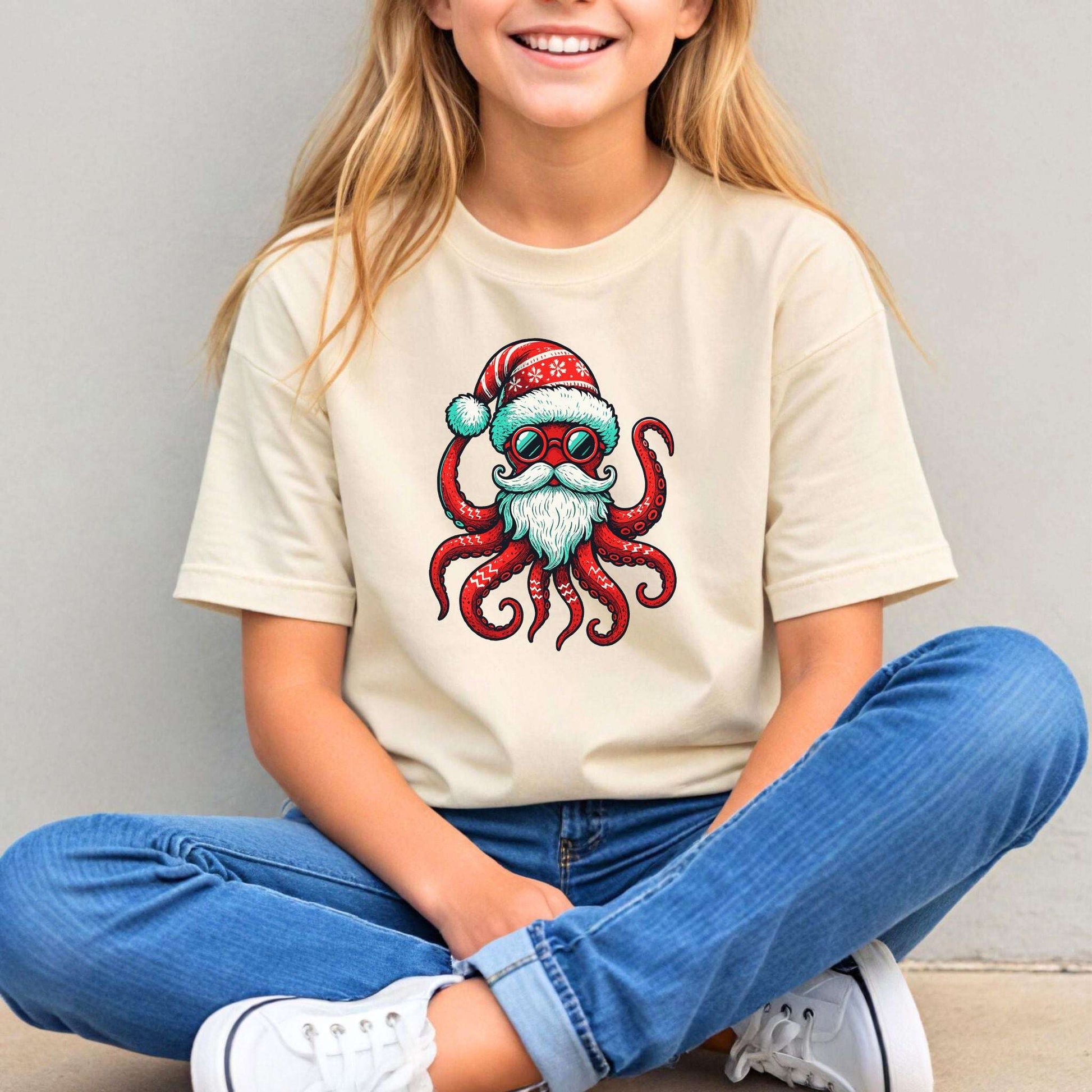 Santa Kraken Kids T-Shirt – Funny Octopus Christmas Sea Life Tee, Youth Tee