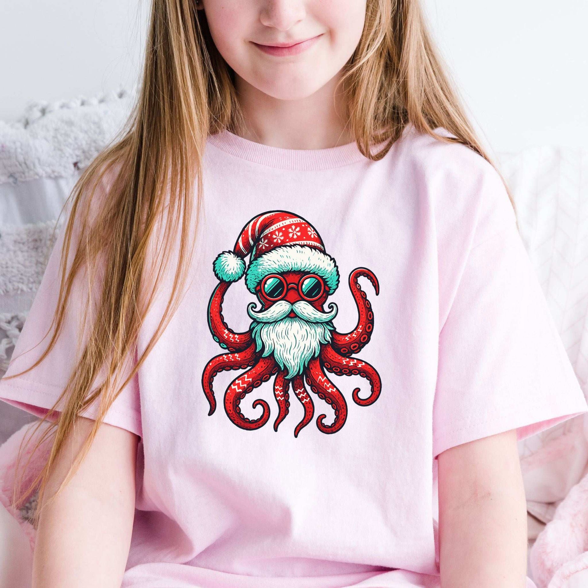Santa Kraken Kids T-Shirt – Funny Octopus Christmas Sea Life Tee, Youth Tee
