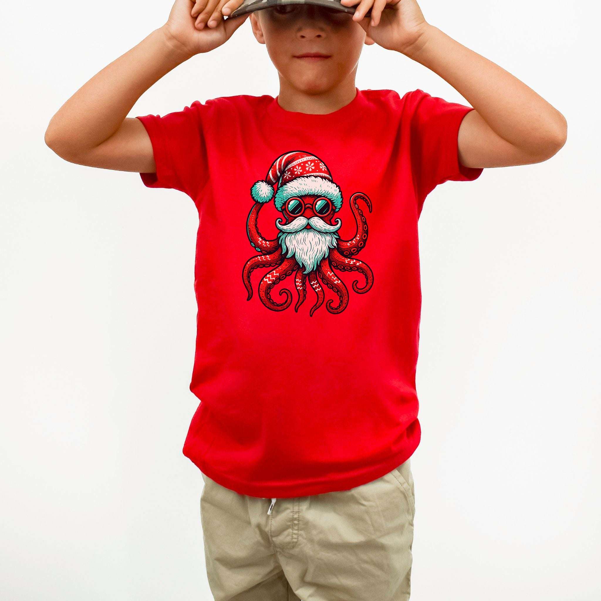Santa Kraken Kids T-Shirt – Funny Octopus Christmas Sea Life Tee, Youth Tee