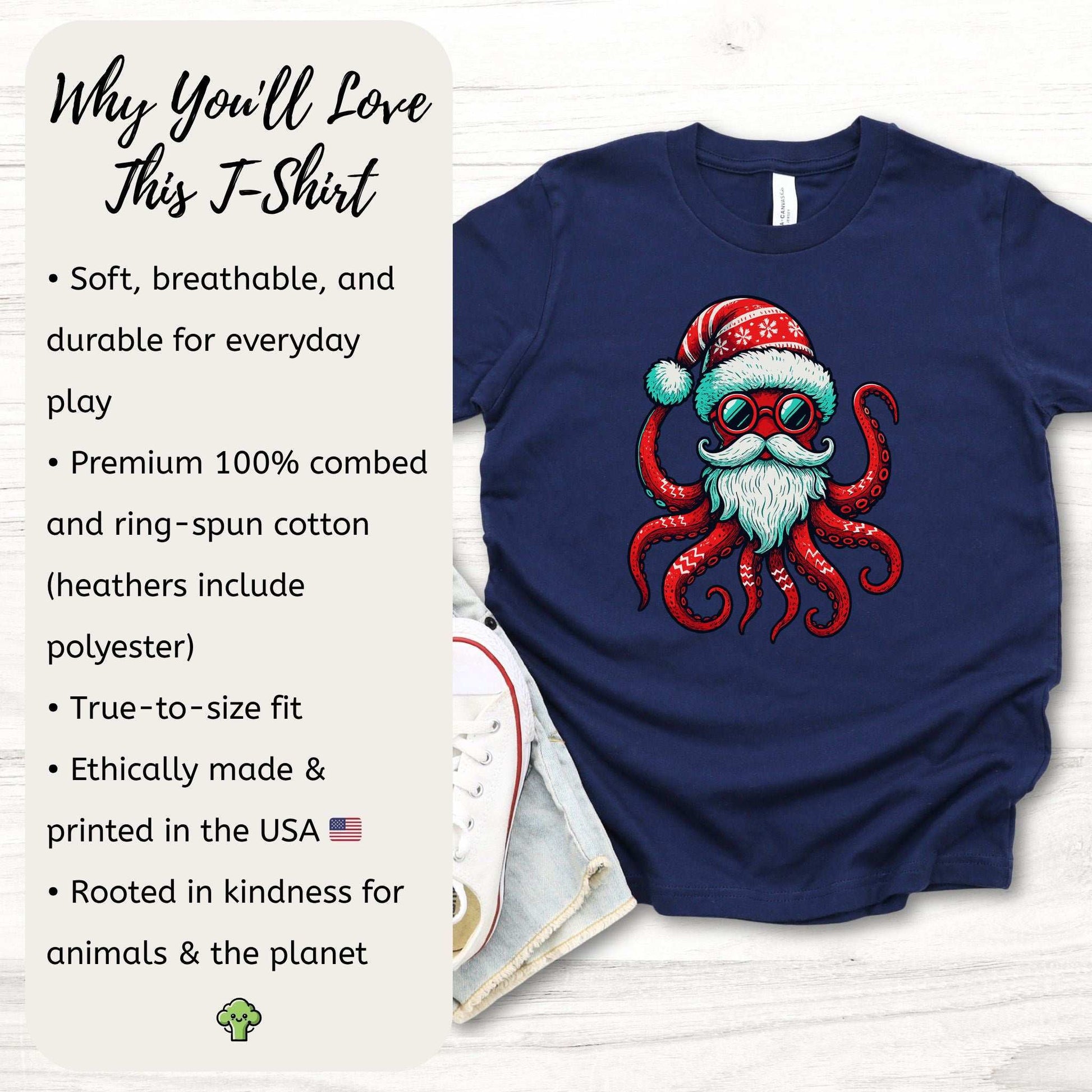 Santa Kraken Kids T-Shirt – Funny Octopus Christmas Sea Life Tee, Youth Tee