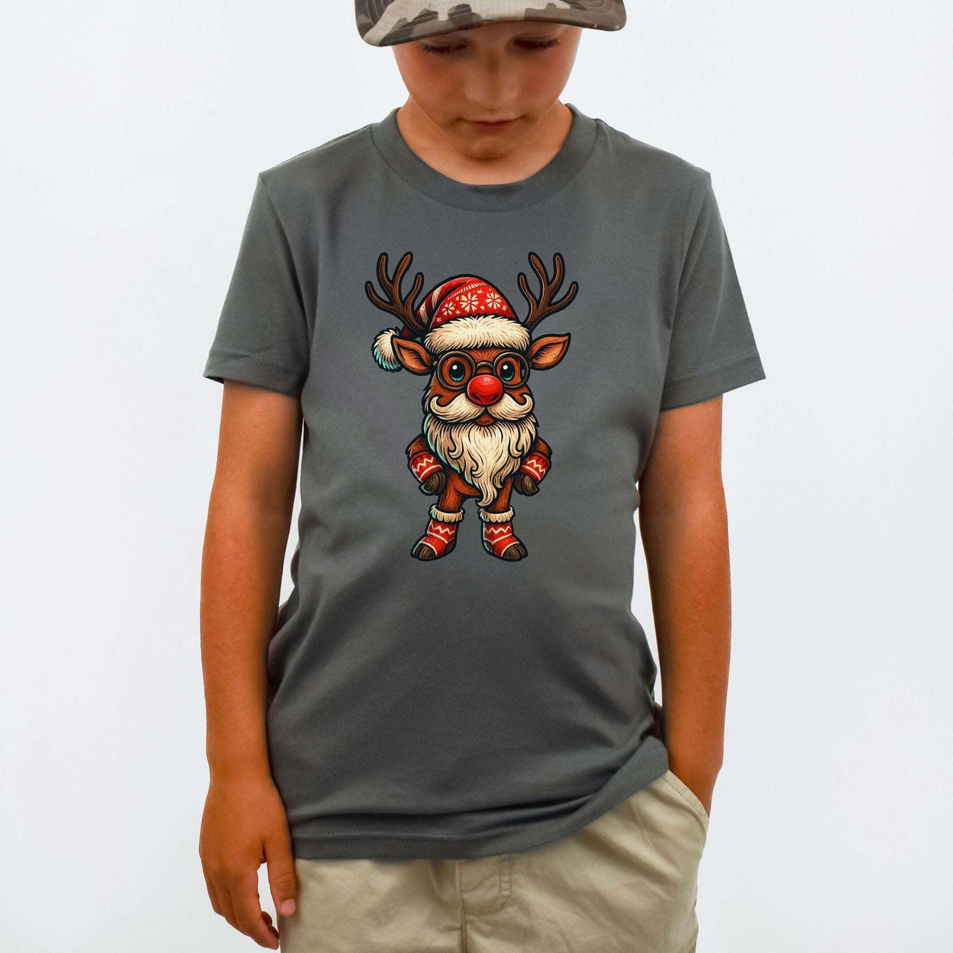 Santa Reindeer Kids T-Shirt – Cute Christmas Deer with Beard Youth Tee