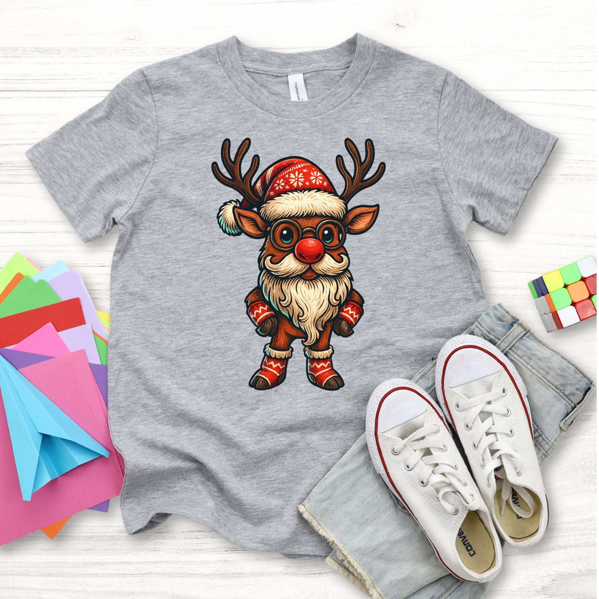 Santa Reindeer Kids T-Shirt – Cute Christmas Deer with Beard Youth Tee