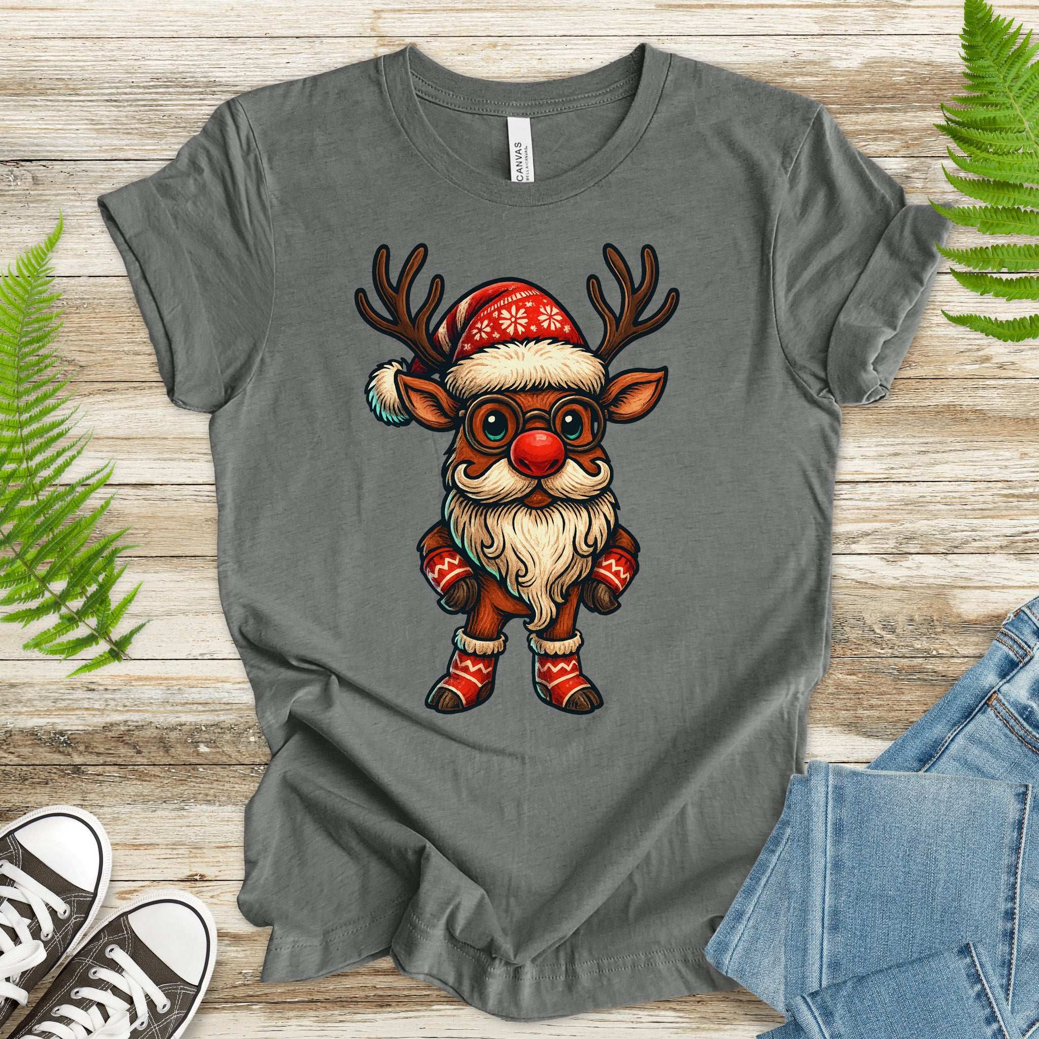 Santa Reindeer T-Shirt – Cute Christmas Deer with Beard Tee