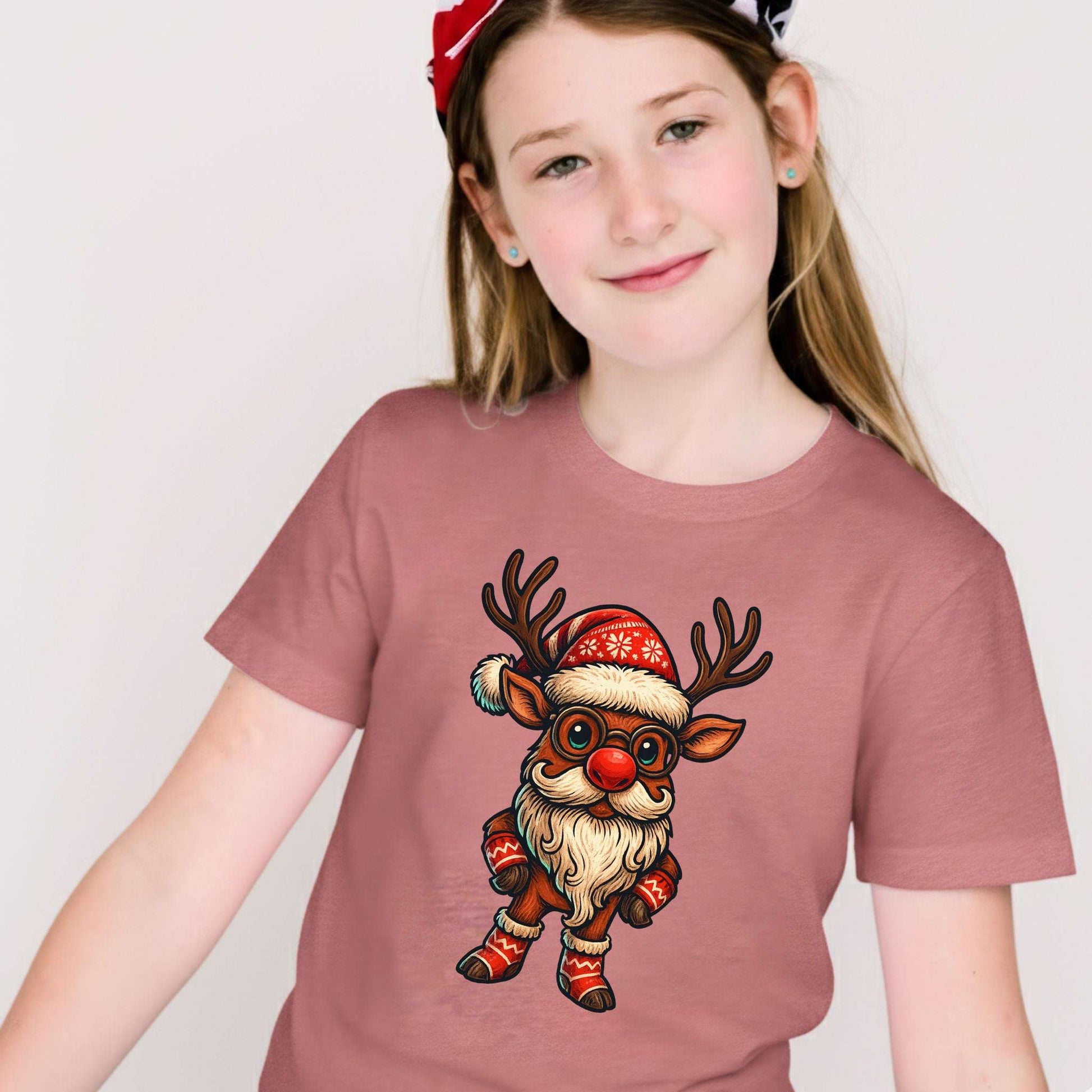 Santa Reindeer Kids T-Shirt – Cute Christmas Deer with Beard Youth Tee