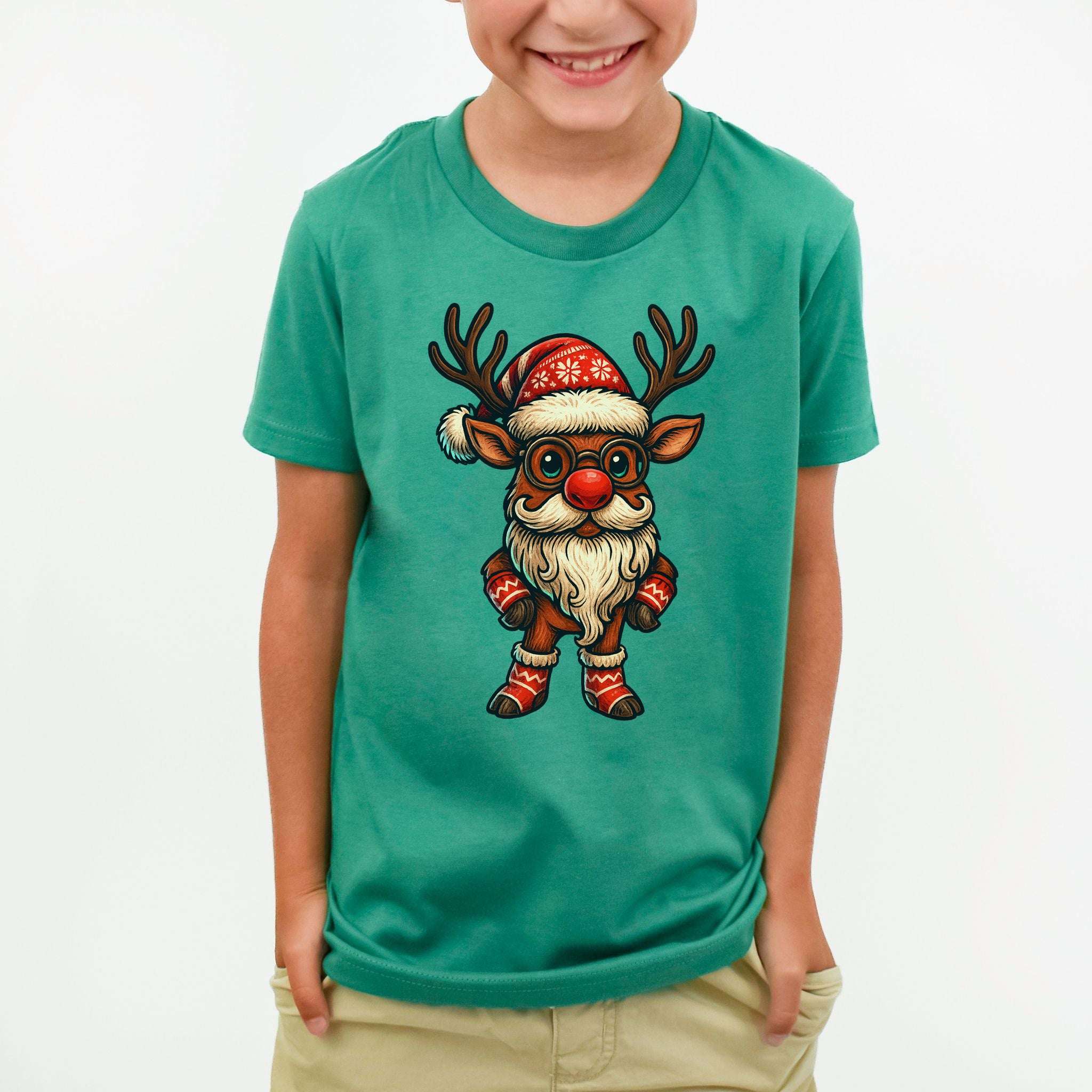 Santa Reindeer Kids T-Shirt – Cute Christmas Deer with Beard Youth Tee