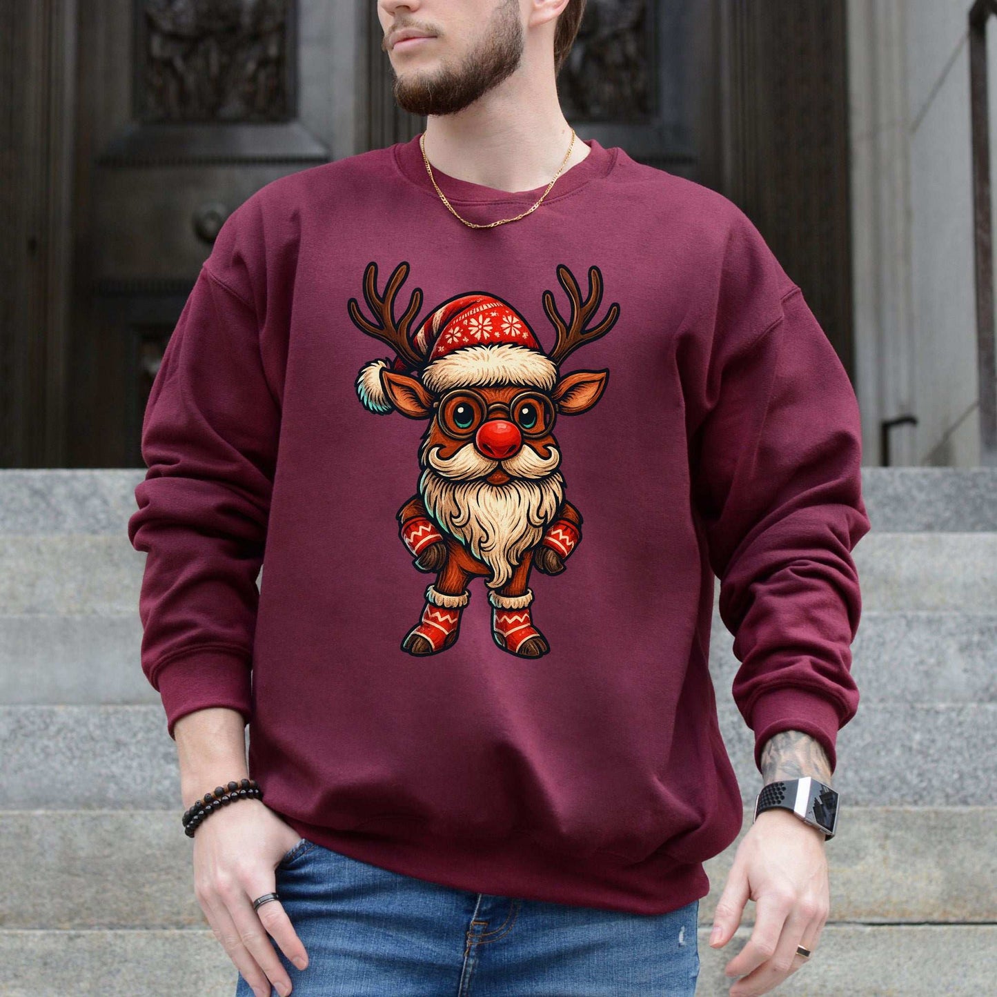 Santa Beard Reindeer Sweatshirt – Funny Christmas Deer Gift
