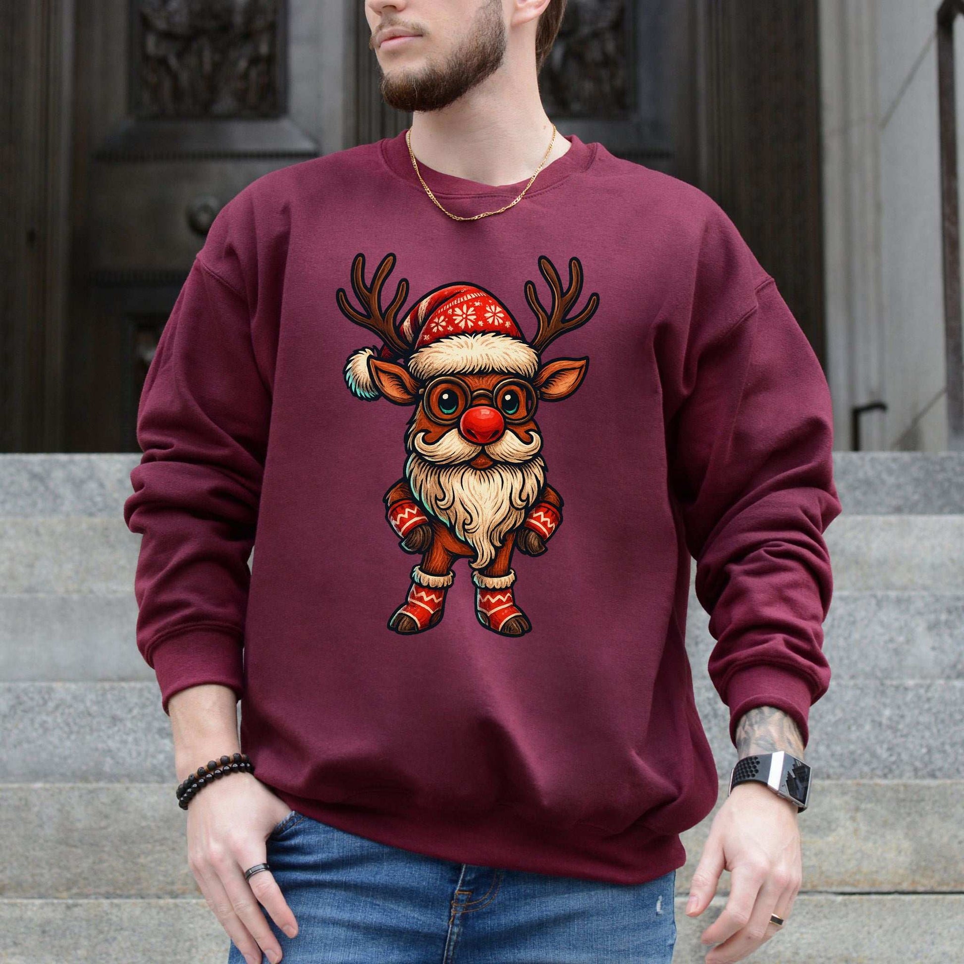 Santa Beard Reindeer Sweatshirt – Funny Christmas Deer Gift