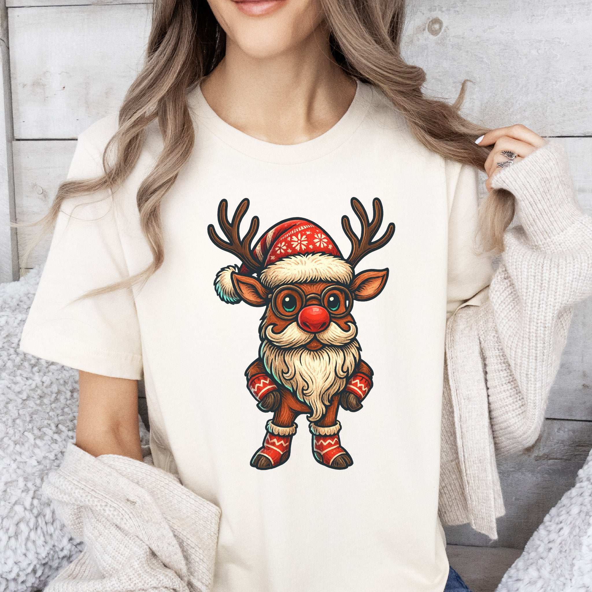 Santa Reindeer T-Shirt – Cute Christmas Deer with Beard Tee