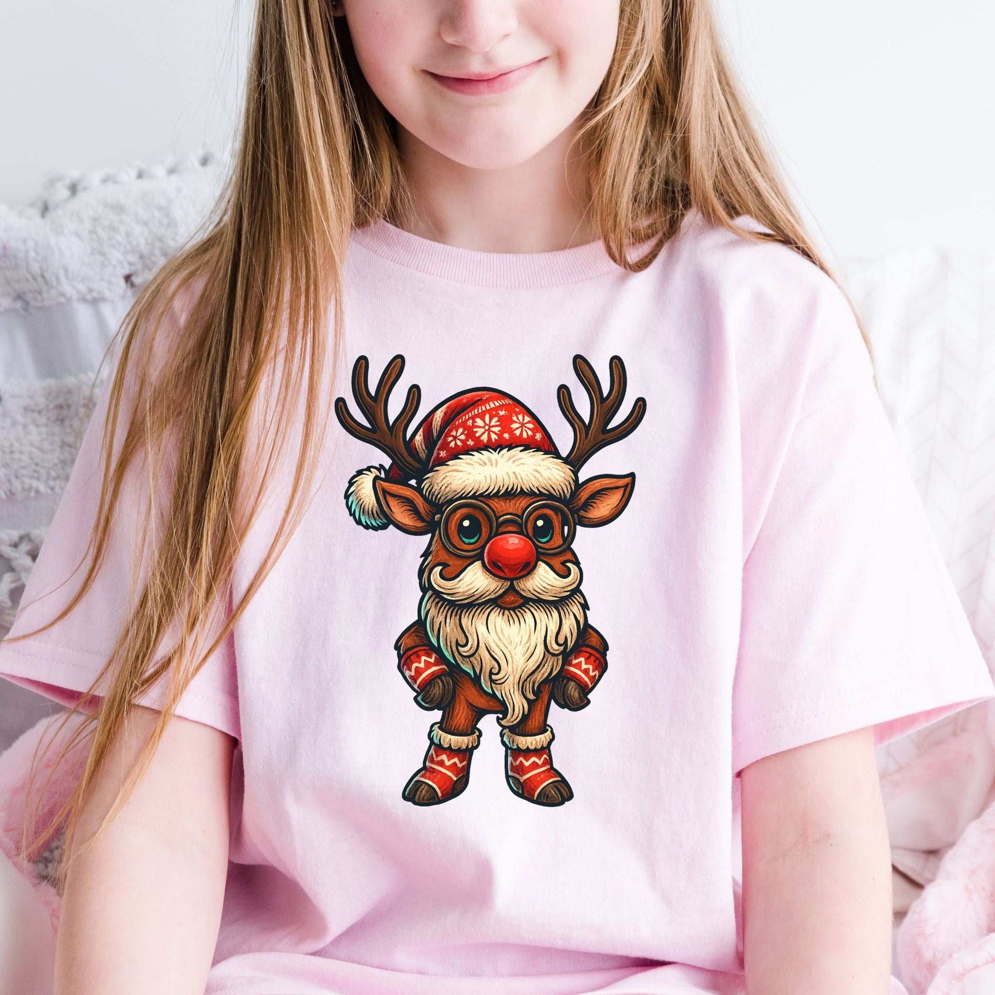 Santa Reindeer Kids T-Shirt – Cute Christmas Deer with Beard Youth Tee