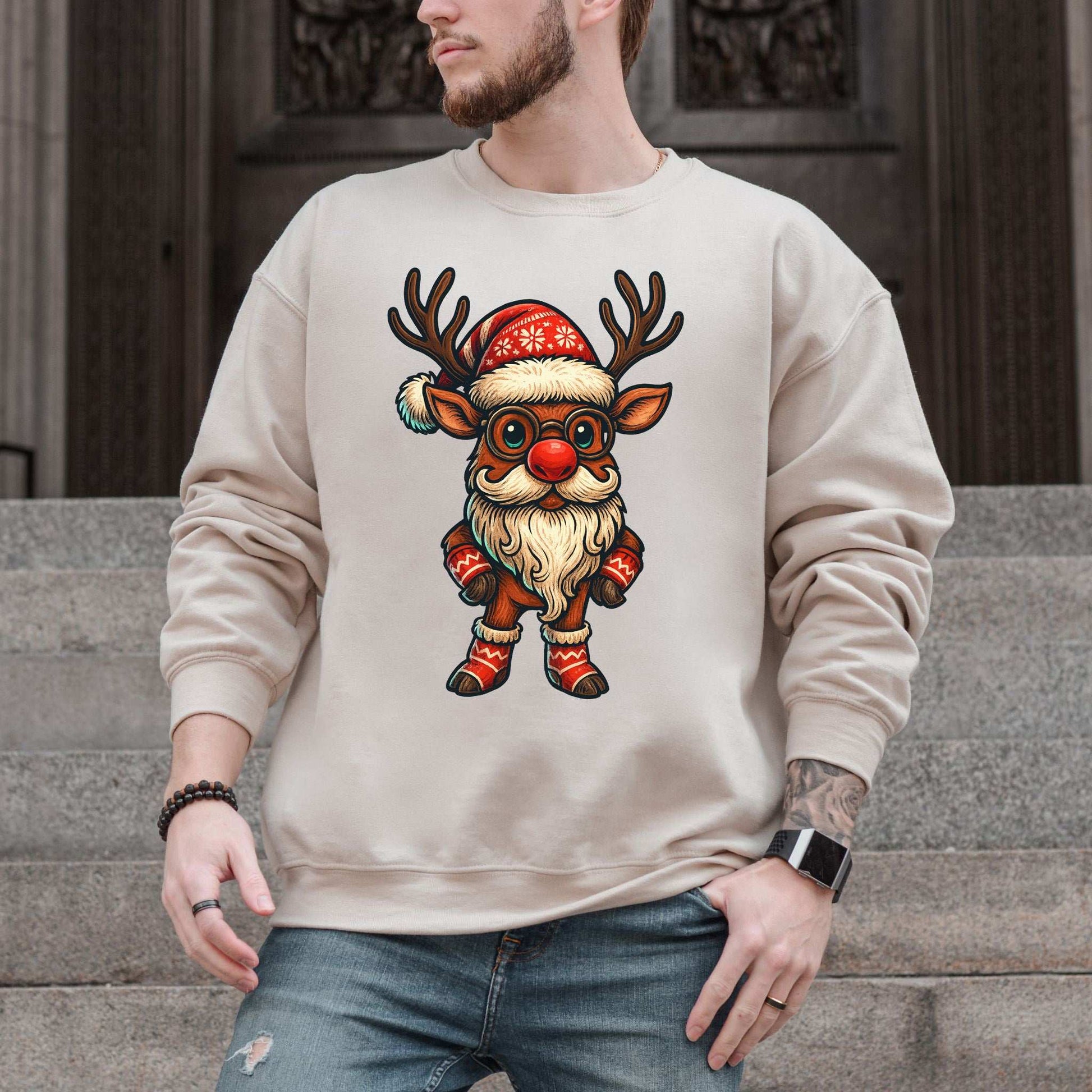 Santa Beard Reindeer Sweatshirt – Funny Christmas Deer Gift