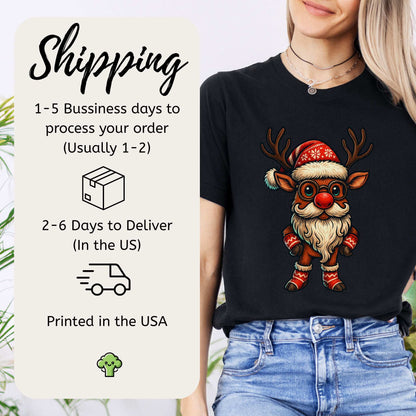 Santa Reindeer T-Shirt – Cute Christmas Deer with Beard Tee