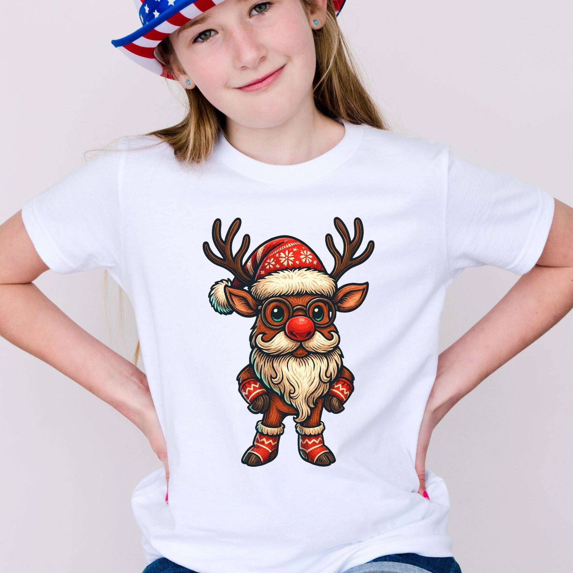 Santa Reindeer Kids T-Shirt – Cute Christmas Deer with Beard Youth Tee