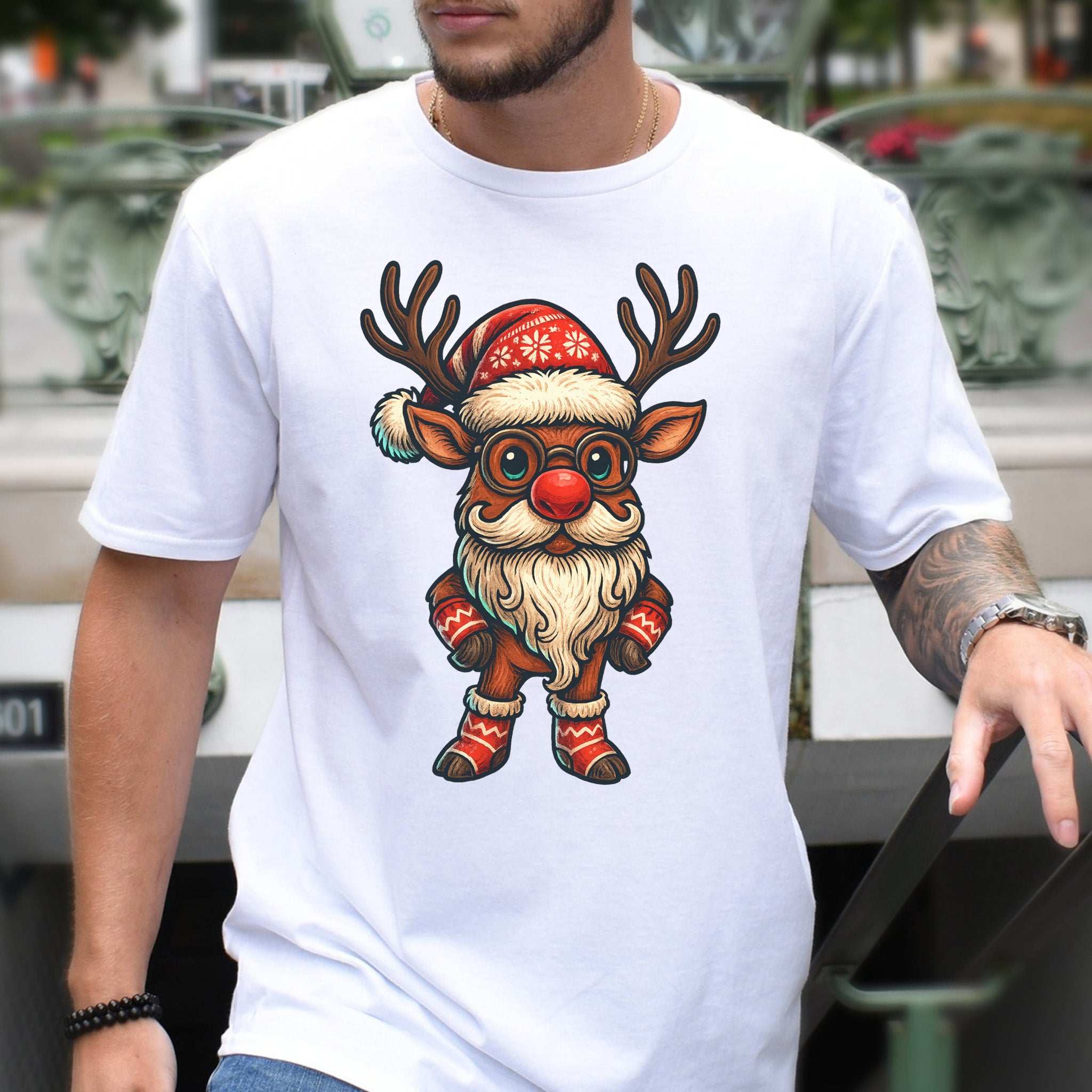Santa Reindeer T-Shirt – Cute Christmas Deer with Beard Tee