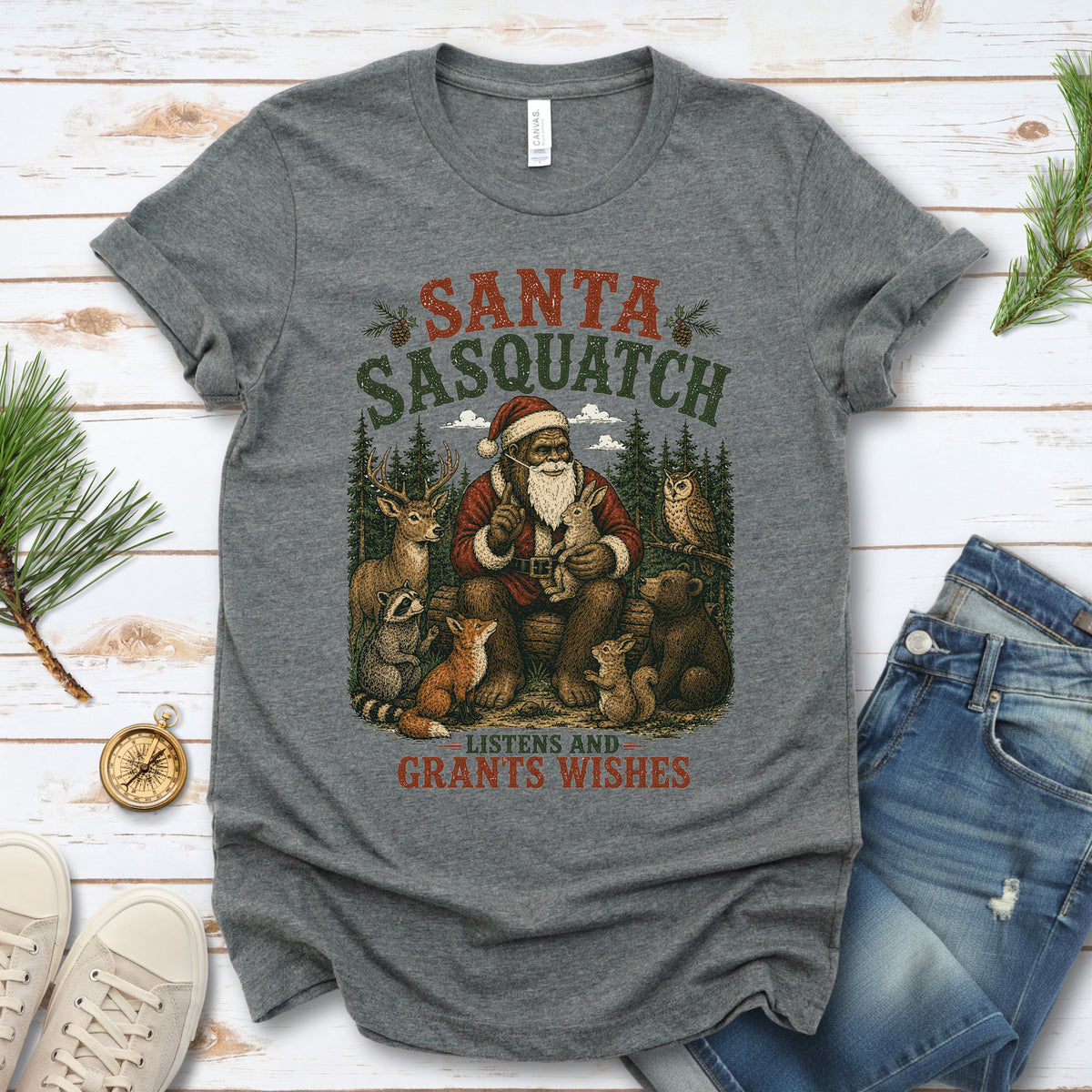 Santa Sasquatch Listens and Grants Wishes Christmas Bigfoot T-Shirt