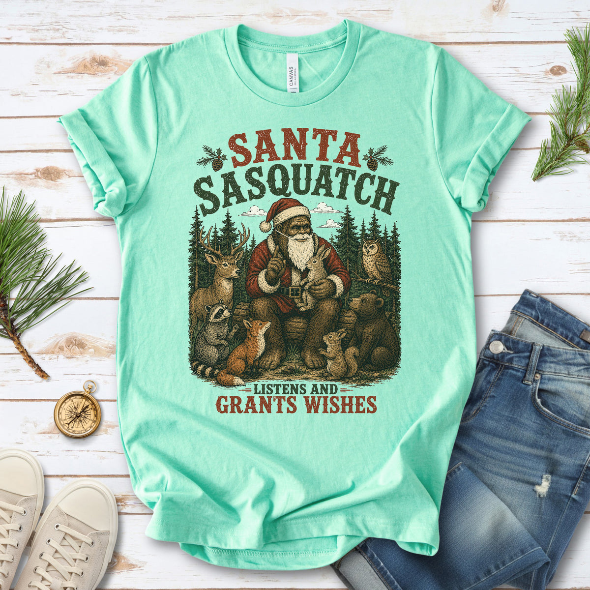 Santa Sasquatch Listens and Grants Wishes Christmas Bigfoot T-Shirt