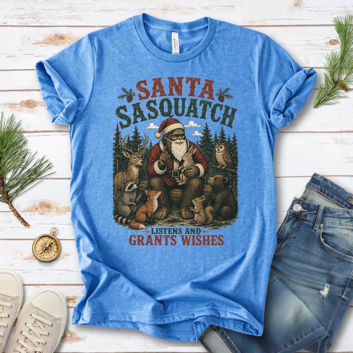 Santa Sasquatch Listens and Grants Wishes Christmas Bigfoot T-Shirt