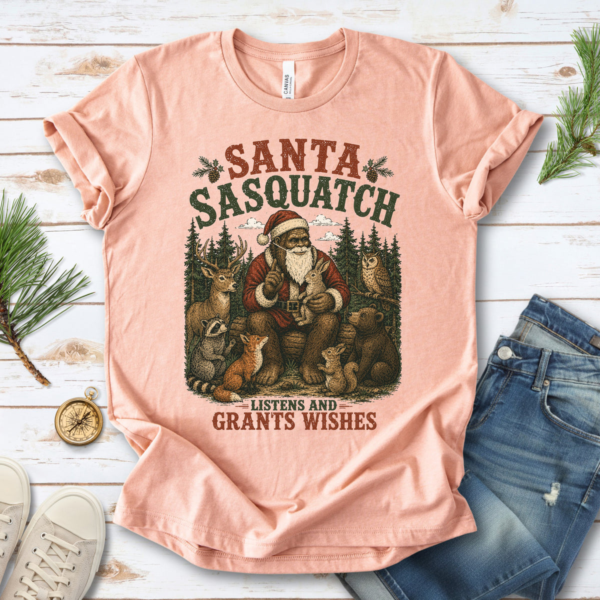 Santa Sasquatch Listens and Grants Wishes Christmas Bigfoot T-Shirt