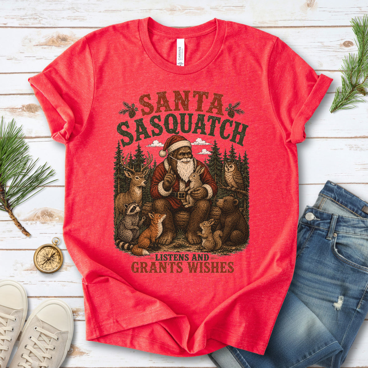 Santa Sasquatch Listens and Grants Wishes Christmas Bigfoot T-Shirt