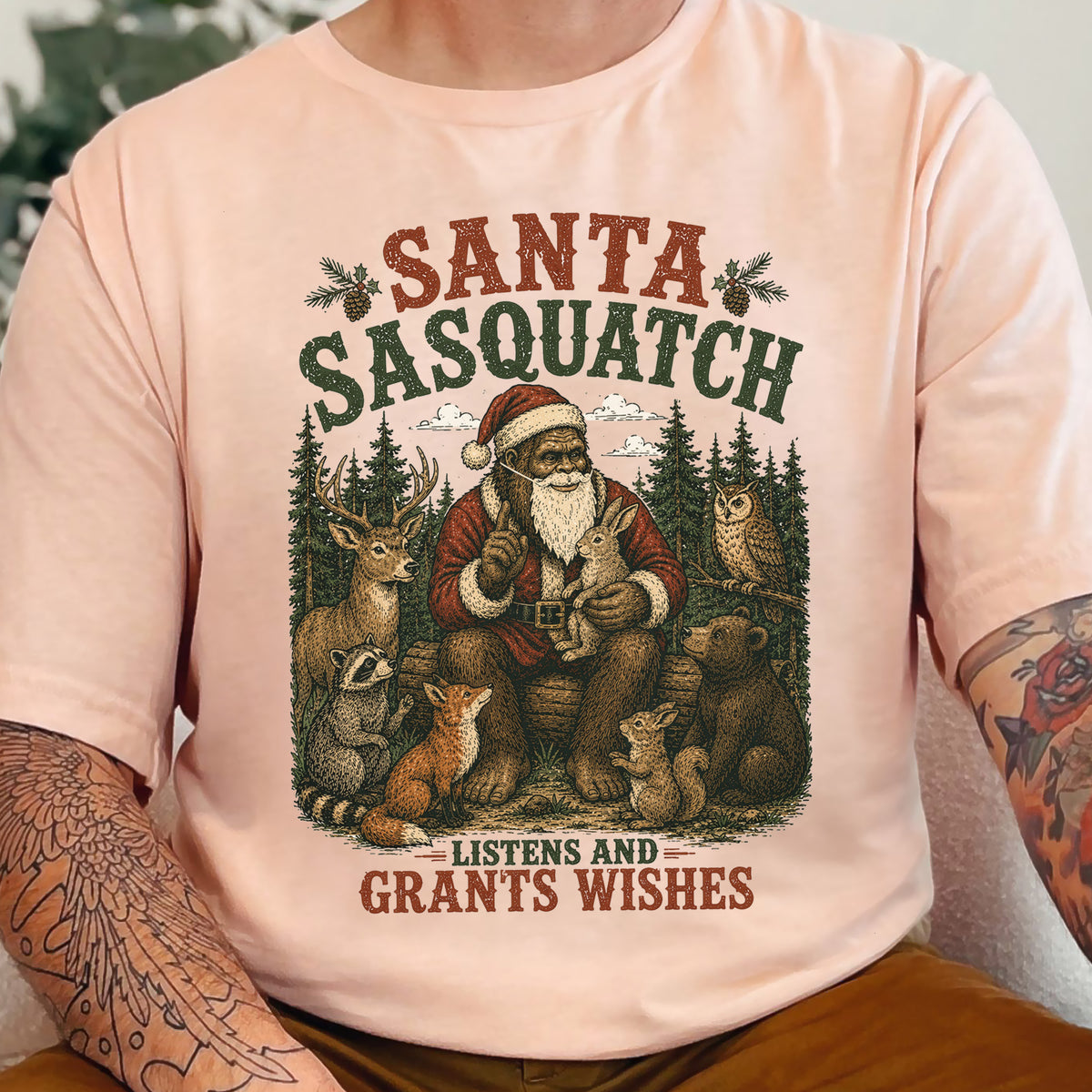 Santa Sasquatch Listens and Grants Wishes Christmas Bigfoot T-Shirt