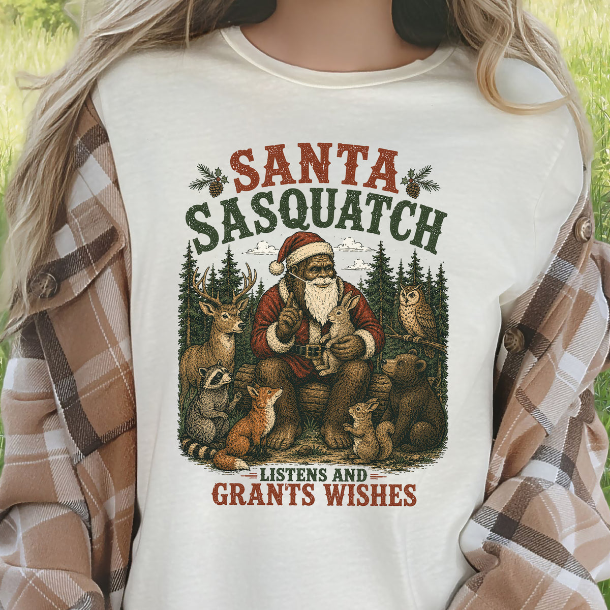 Santa Sasquatch Listens and Grants Wishes Christmas Bigfoot T-Shirt