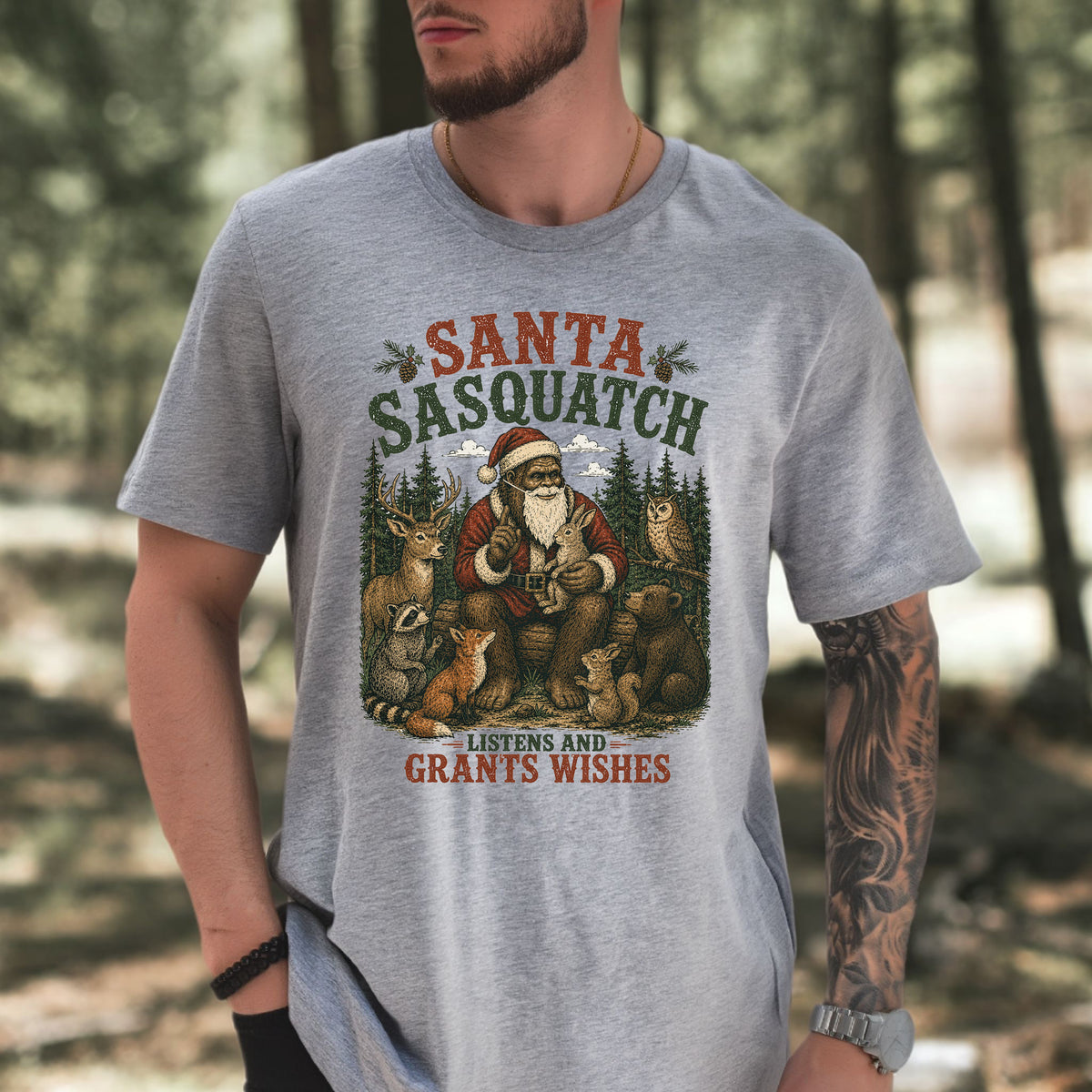Santa Sasquatch Listens and Grants Wishes Christmas Bigfoot T-Shirt